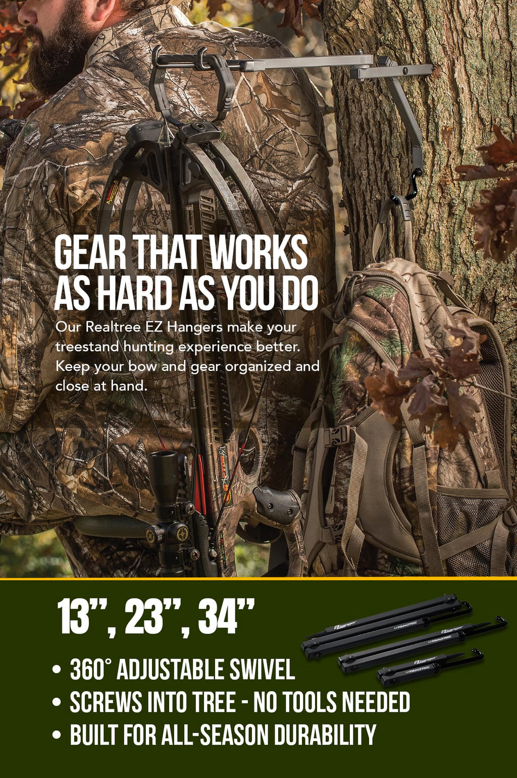 Realtree Multi-Purpose Ez Hanger Combo 3-Pack - 13   , 23   , 34    - Durable Tree Stand Bow And Gear Hanger For Hunting - Folda