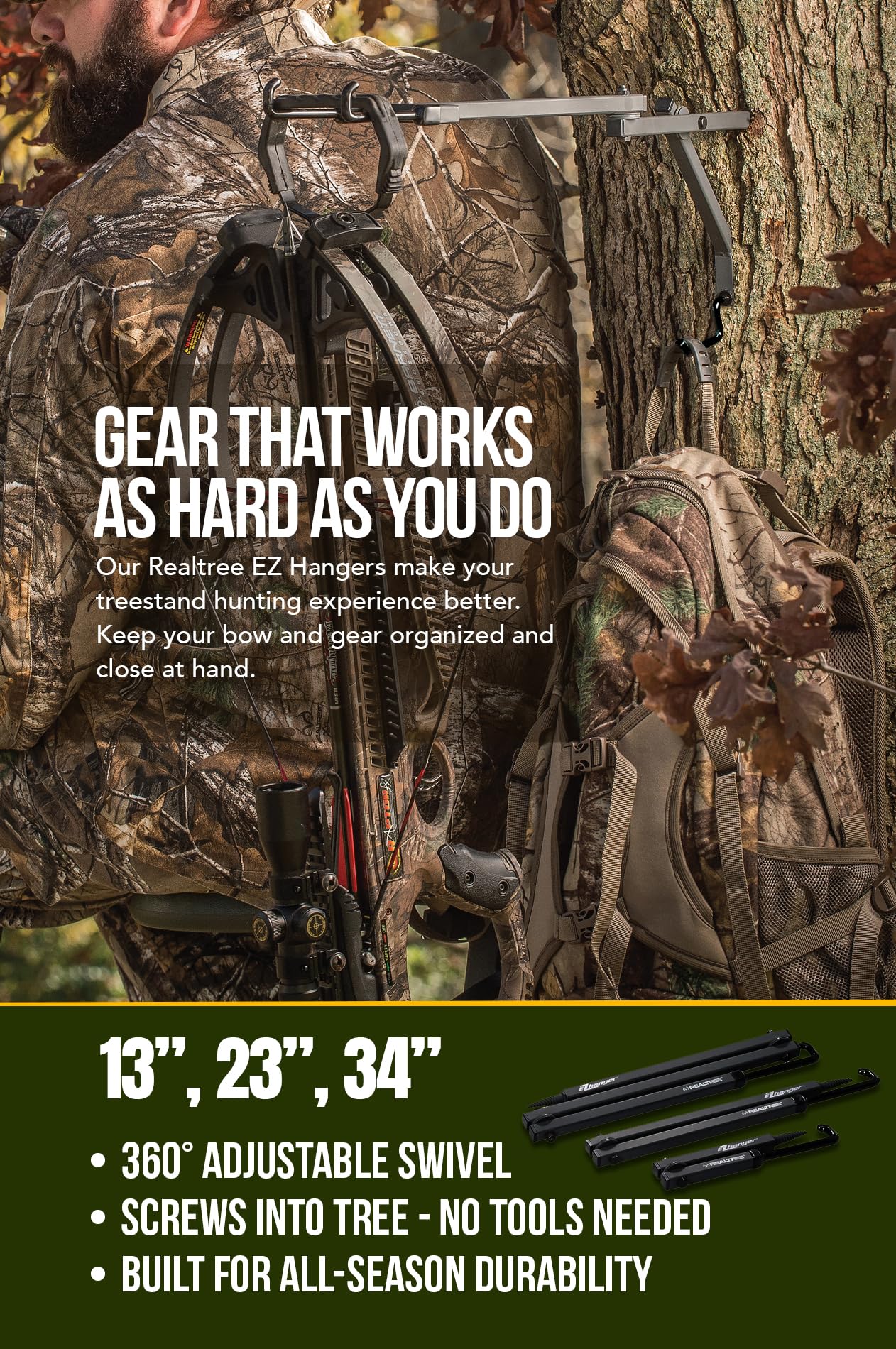 Realtree Multi-Purpose Ez Hanger Combo 3-Pack - 13   , 23   , 34    - Durable Tree Stand Bow And Gear Hanger For Hunting - Folda
