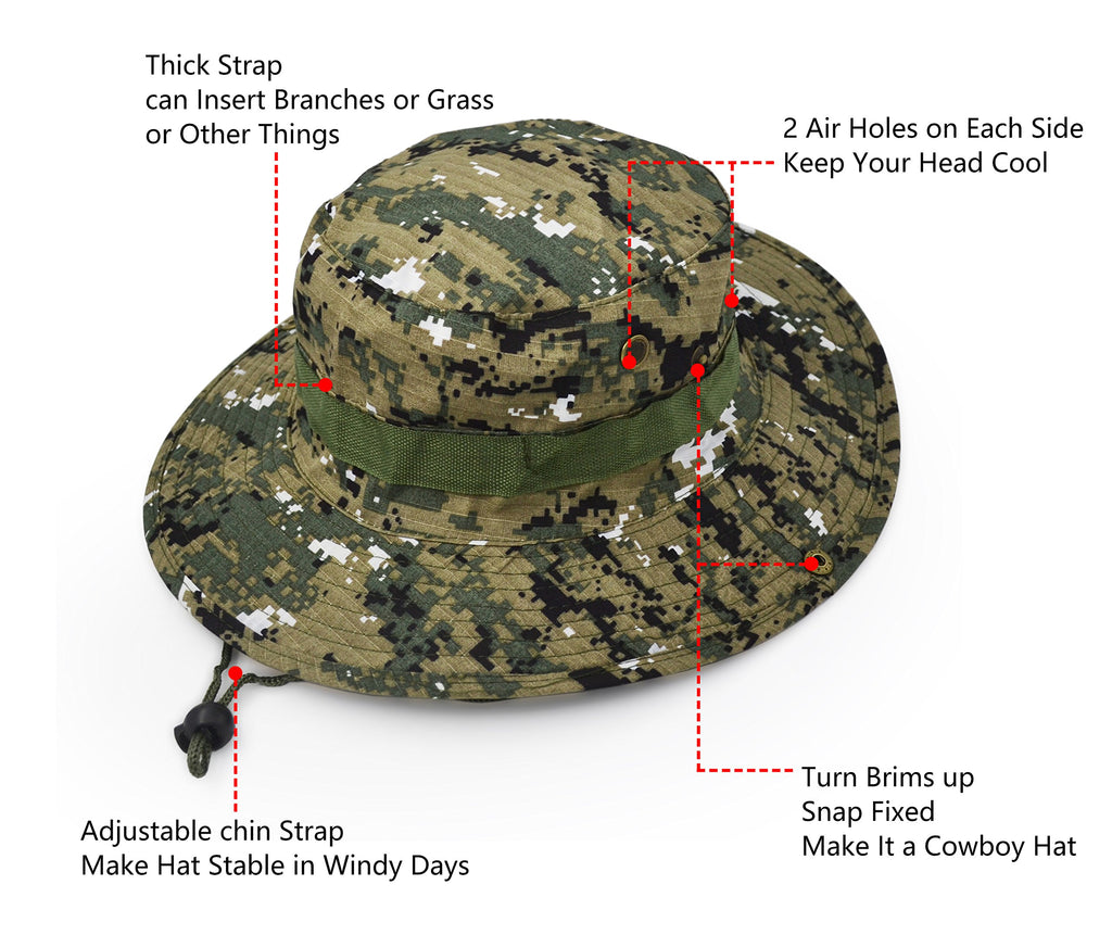 Outdoor Wide Brim Sun Protect Hat, Classic Us Combat Army Style Bush Jungle Sun Cap For Fishing Hunting Camping Green Digital Ac