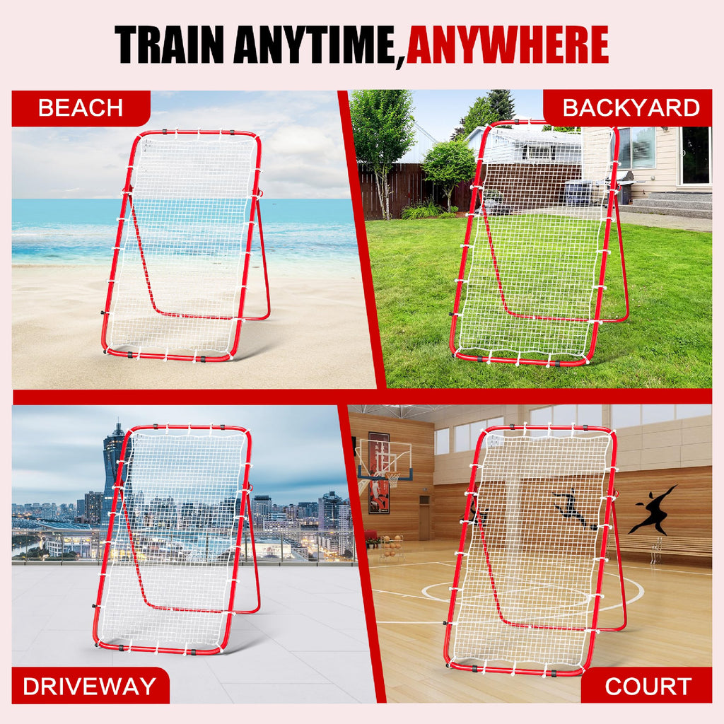 7x4 Ft Volleyball Rebounder Net with 2 Target Stripes, 5-Angle Adjustable Rebounder Net for Practicing Digging, Setting, Spiking