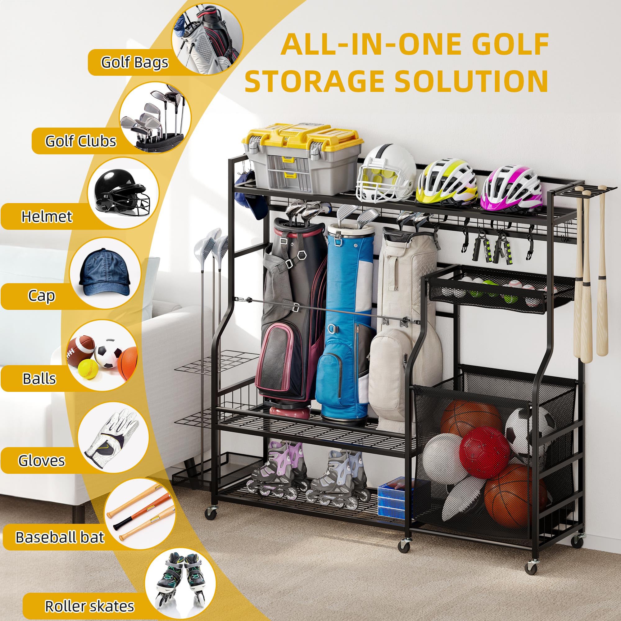 DWVO Sports Equipment Organizer, 3 Golf Bags Storage Stand with Wheels, Sport Gear Accessories Rack and Ball Organizer Bin for G