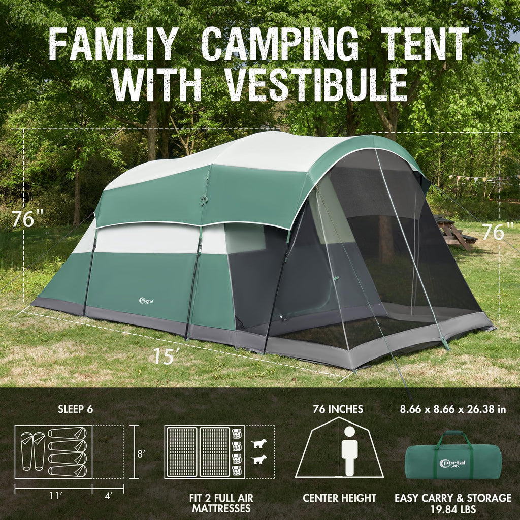 Portal 6 Person Family Tent For Camping With Screen Room, Weather Resistant Tall Tent With Rainfly, Easy Setup For Family Outdoo