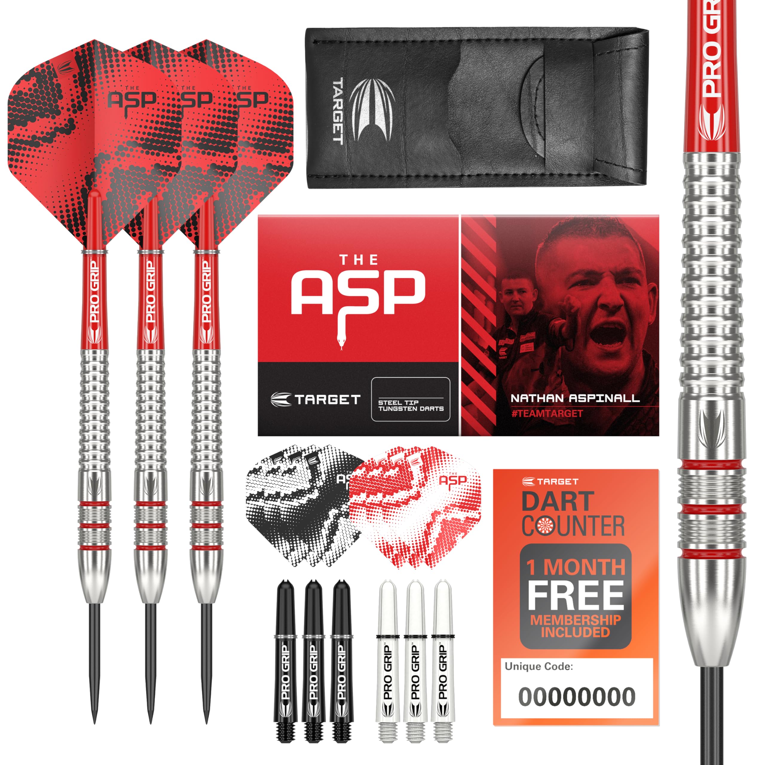 TARGET Darts Nathan Aspinall 24G Tungsten Steel Tip Darts Set - 9 Pro Grip Shafts - 9 Pro Ultra Flights - Dart Wallet - Dart Cou