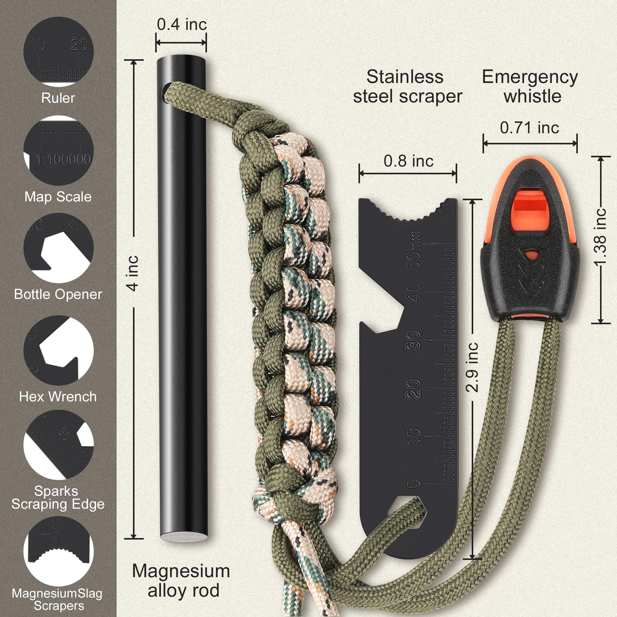 Clwryviduu Survival Fire Starter, 4 Inch Ferro Rod, Flint Fire Starters For Hiking And Camping, Flint And Steel Survival Tool Wi