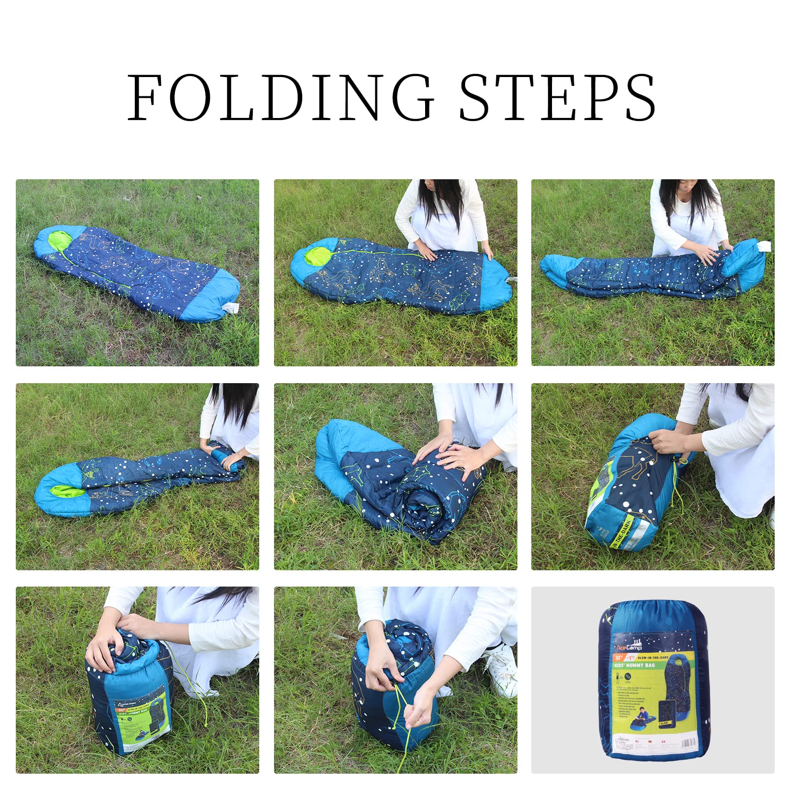 Acecamp Glow In The Dark Mummy Sleeping Bag For Kids And Youth, Temperature Rating 30?F/-1?C, Water-Resistant For Camping, Hikin