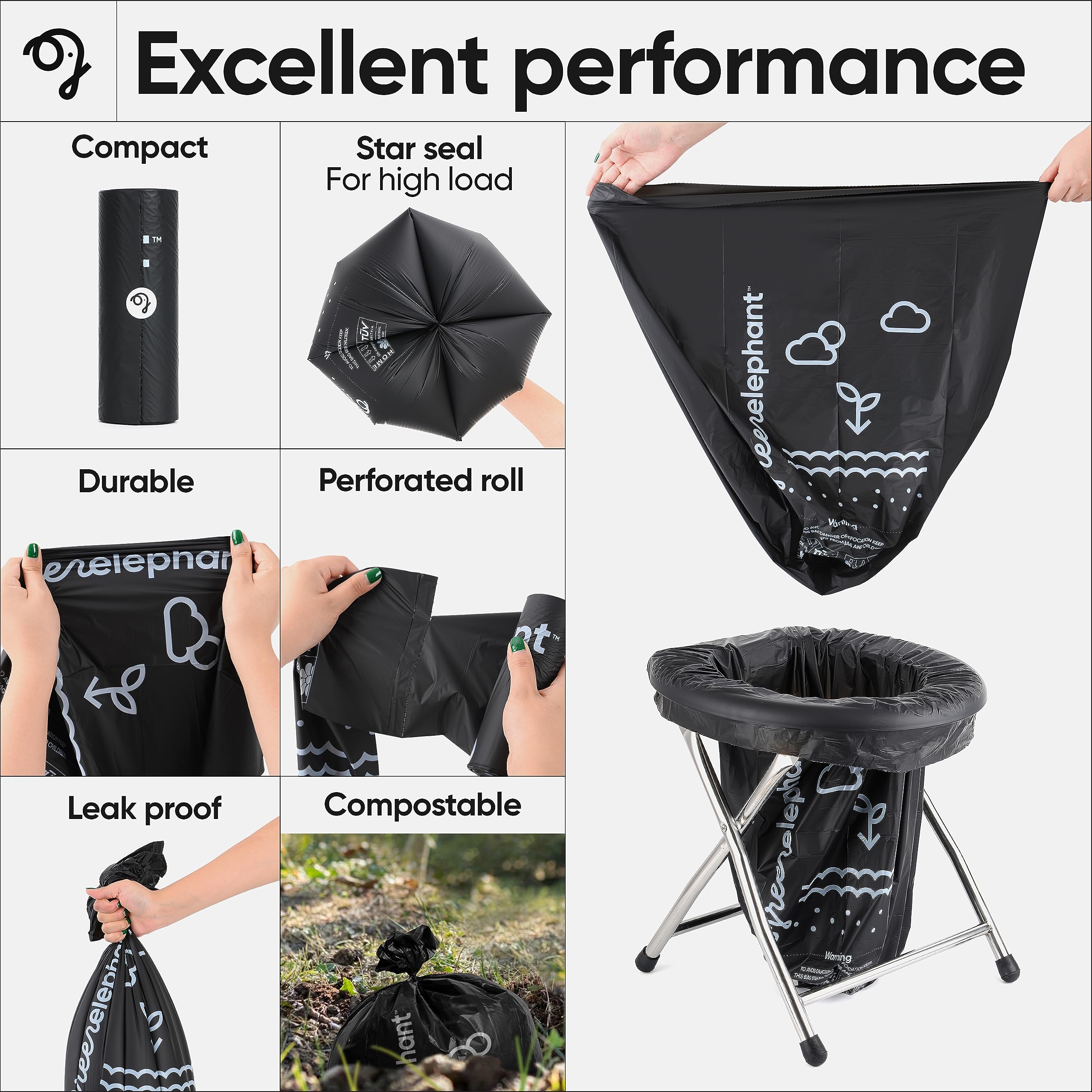 Green Elephant Portable Waste Bags - Camping Potty Liners, Biodegradable Sanitary Bags For 5 Gallon Bucket, Outdoor Use, 15 Coun