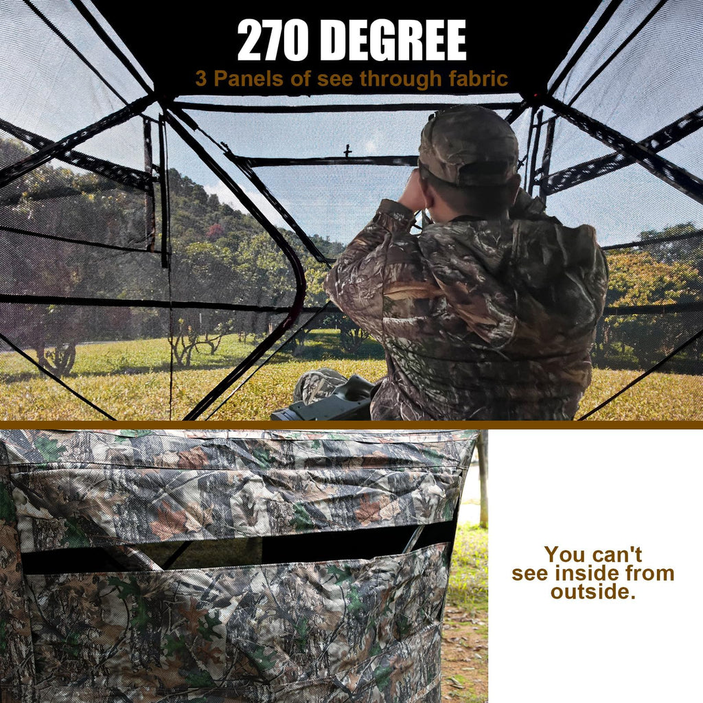 Hunthor Hunting Blind For 2-3 Person, 270 Degree See-Through Ground Blind With Silent Zipper And Orange Top, Portable Pop-Up Ten