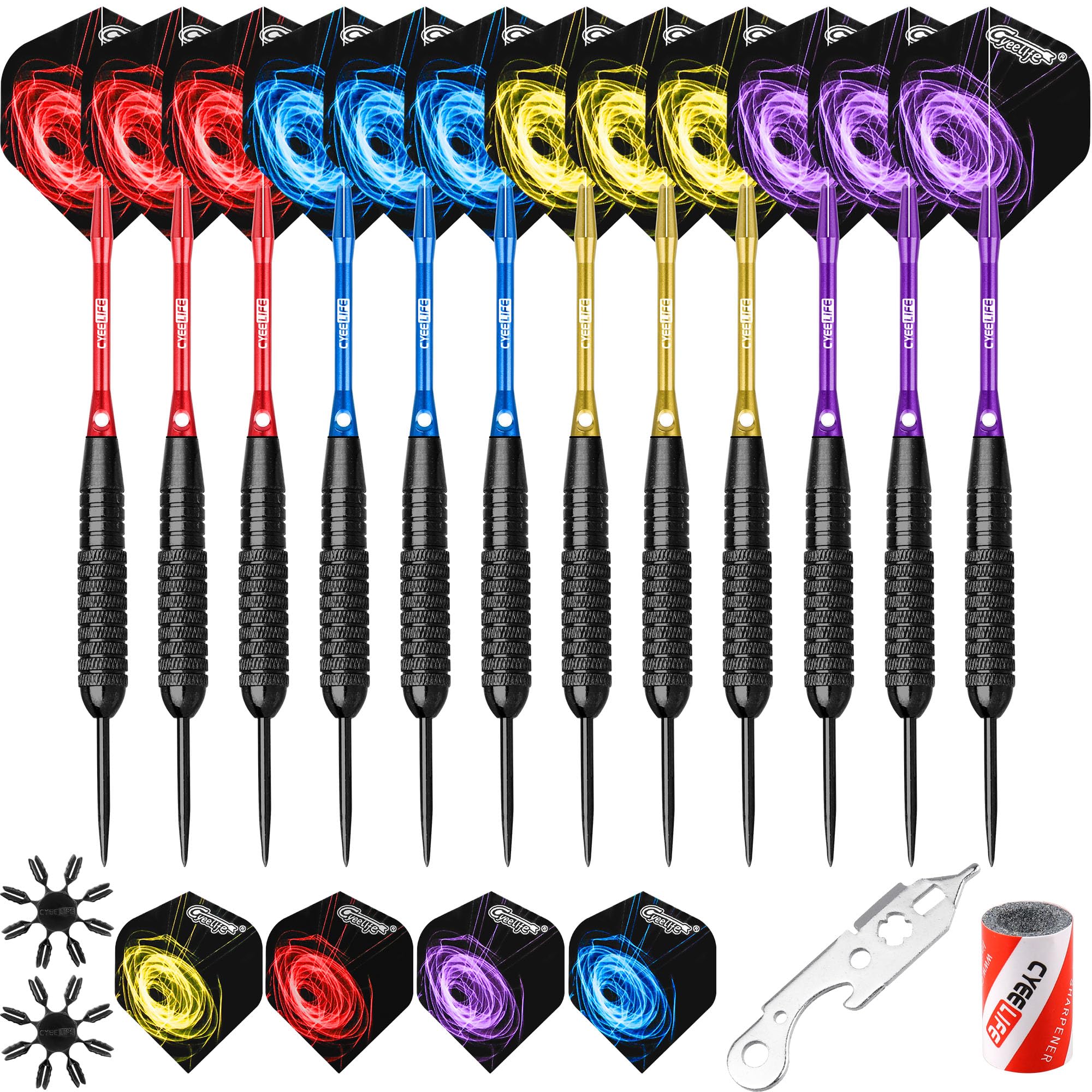 Cyeelife Steel Tip Colorful Darts Set 22G With Aluminium Shafts(4 Colors)+16 Protectors+16 Flights(4 Colors)+Sharpener+Tool,12 P