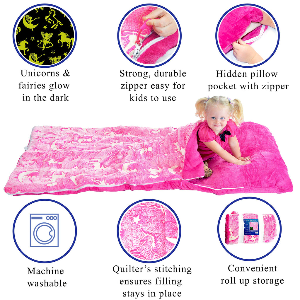 Glow-In-The-Dark Unicorn Sleeping Bag For Girls - Plush, Luminescent Pink Nap Mat, 66 X 30In