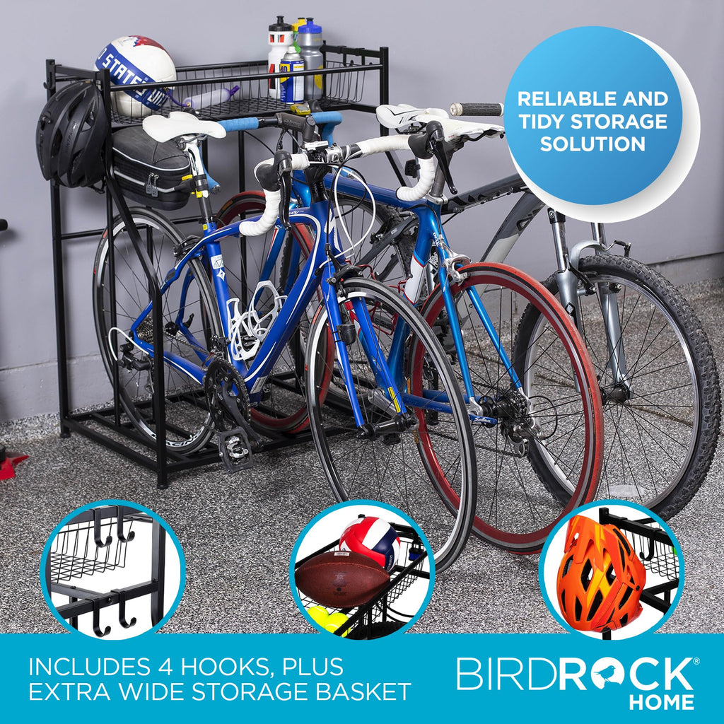 Birdrock Home Garage Bike Storage & Stand | Holds 3 Bicycles | Garage Organizer & Sports Storage Station | Black