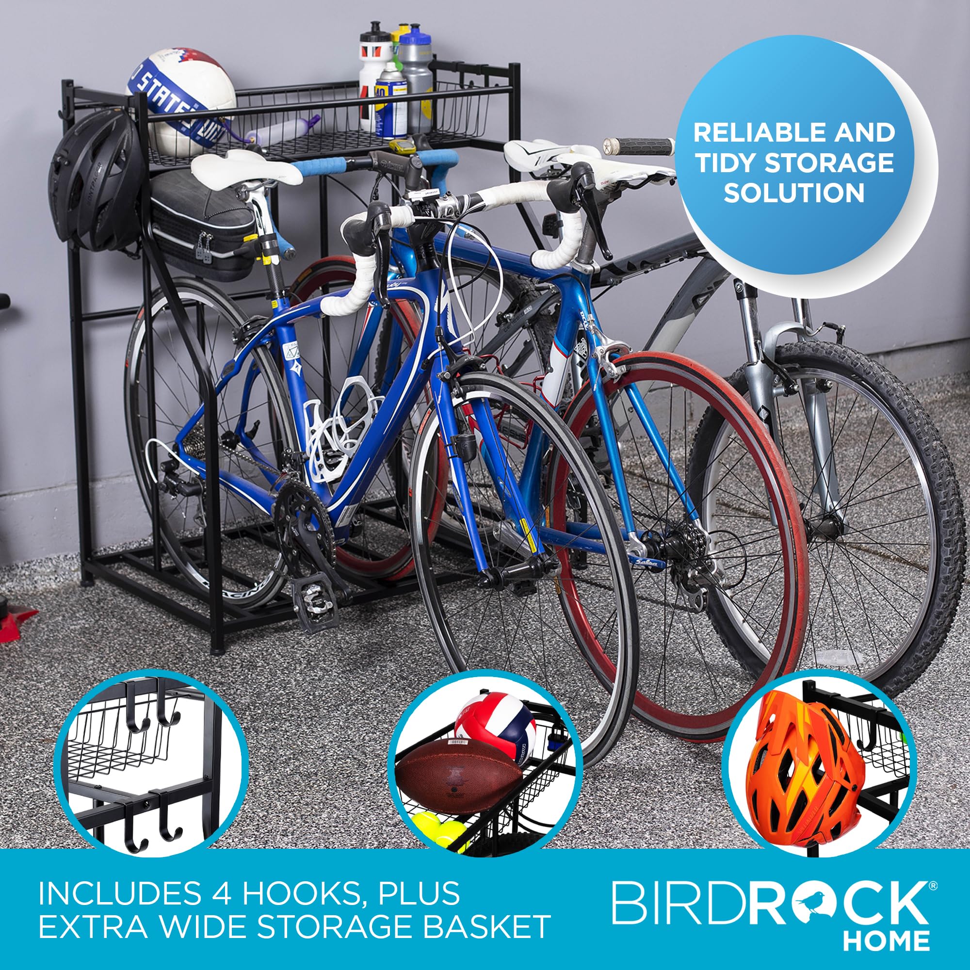 Birdrock Home Garage Bike Storage & Stand | Holds 3 Bicycles | Garage Organizer & Sports Storage Station | Black