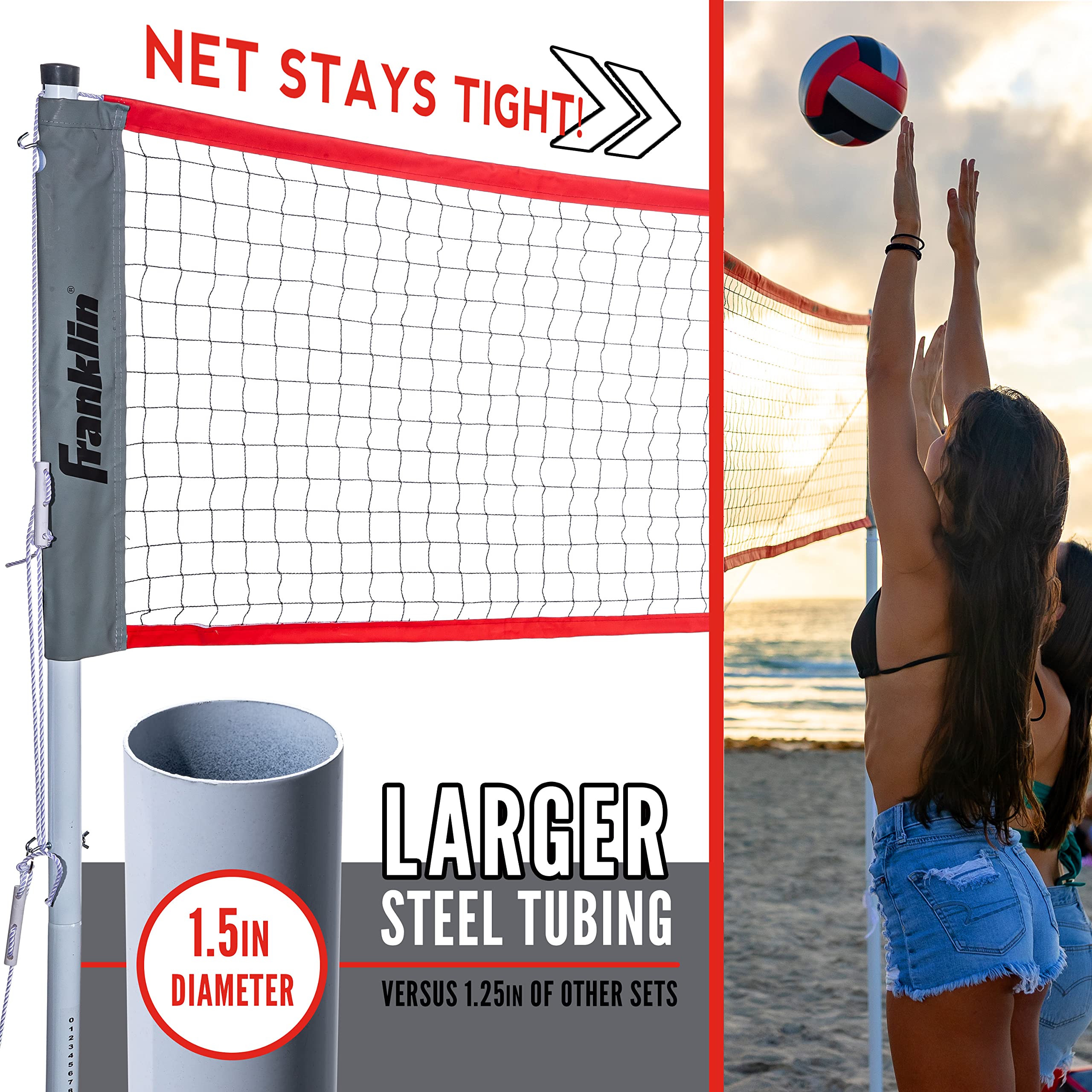 Franklin Sports Elite Volleyball Net Set - Includes Pro Style Ball With Pump, Poles/Net, Stakes, Ropes, Boundary Kit - Beach + B