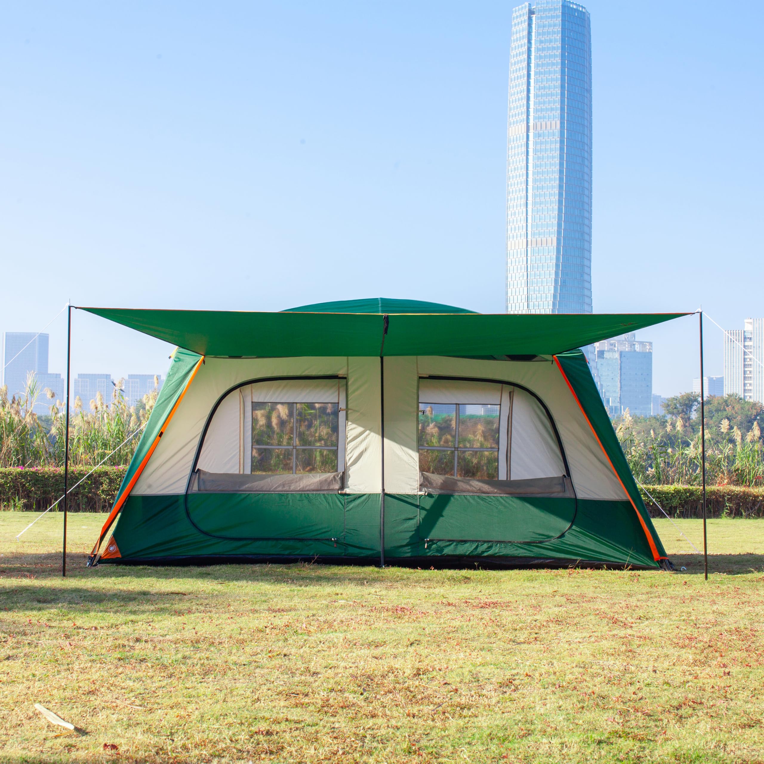 Ktt Extra Large Tent 8-10 Person,Family Cabin Tents,2 Rooms,3 Doors And 3 Windows With Mesh,Straight Wall,Waterproof,Double Laye