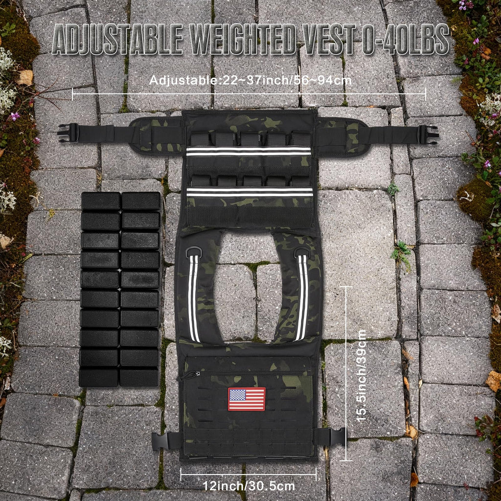 KRYLIX Tactical Weighted Vest Adjustable for Men and Women 0-40lbs Military Camo Black Color Options Heavy Duty Workout Vest wit