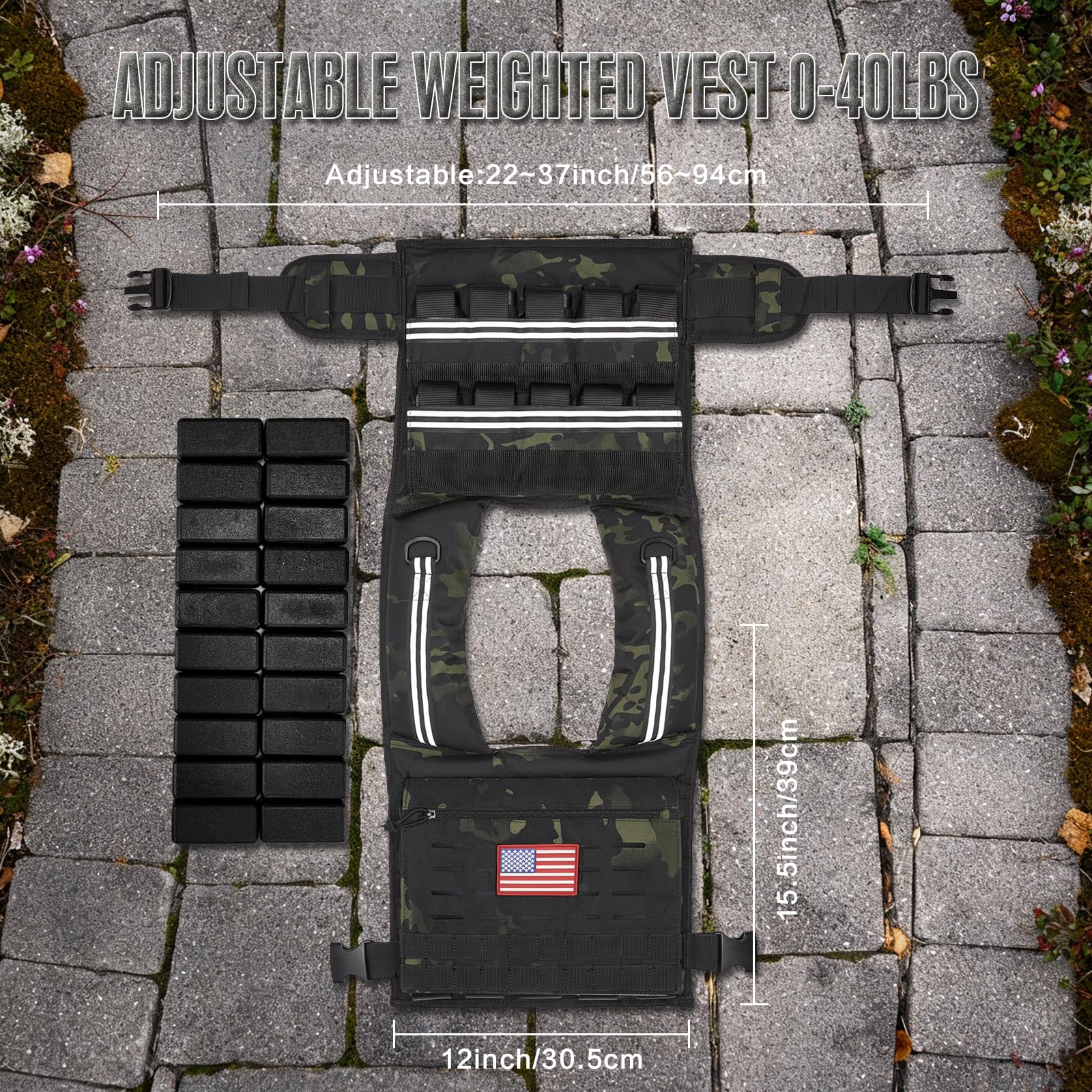 KRYLIX Tactical Weighted Vest Adjustable for Men and Women 0-40lbs Military Camo Black Color Options Heavy Duty Workout Vest wit
