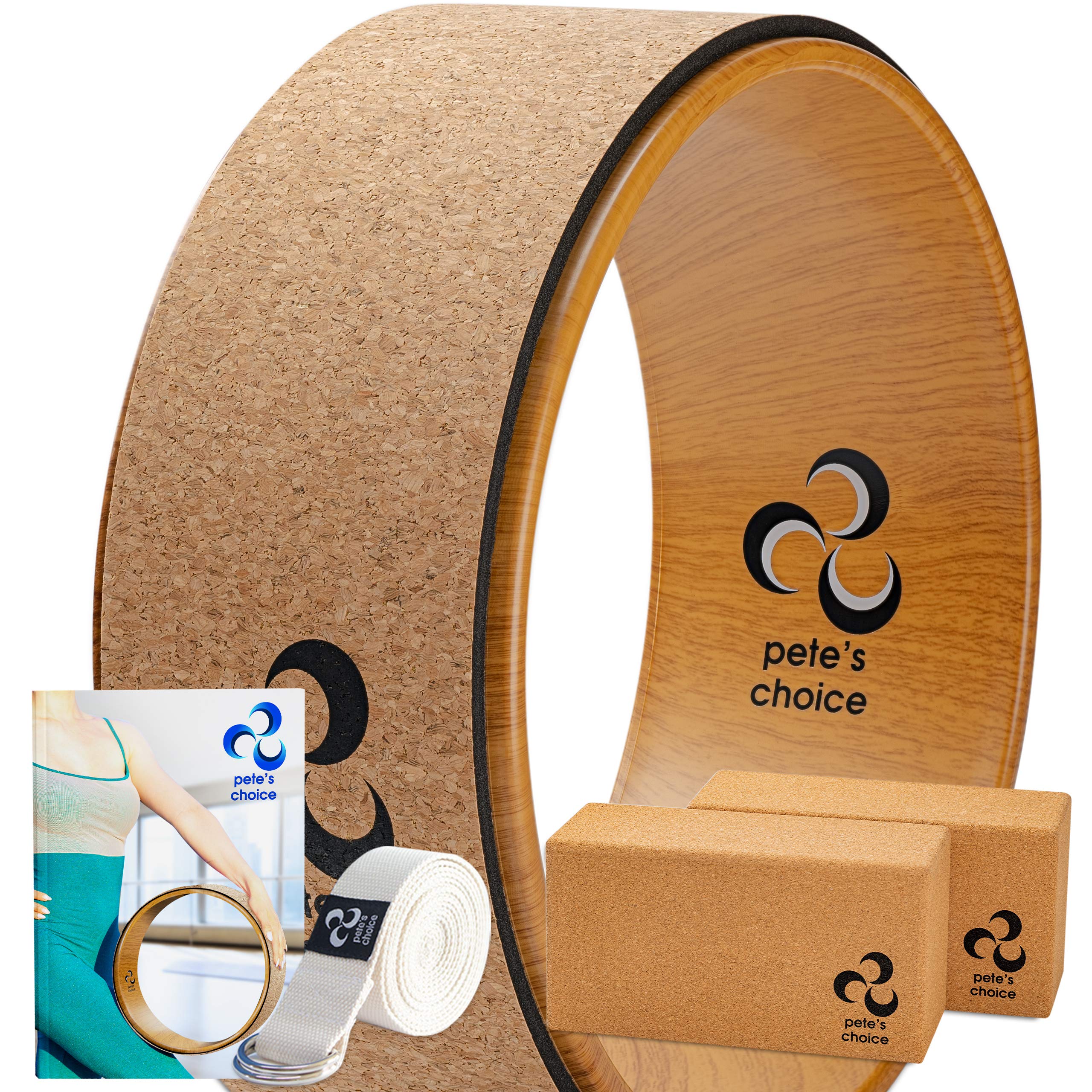 Deluxe Cork Yoga Wheel Set - Cork Wheel + 2 Blocks + Strap + Exercise Guide. Extra Firm Bricks. Better Support, Natural and Eco-