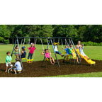 Xdp Recreation Rising Sun Playground Metal A Frame Kids Swing Set With Outdoor Backyard Playset With Slide, See Saw, Glider, And