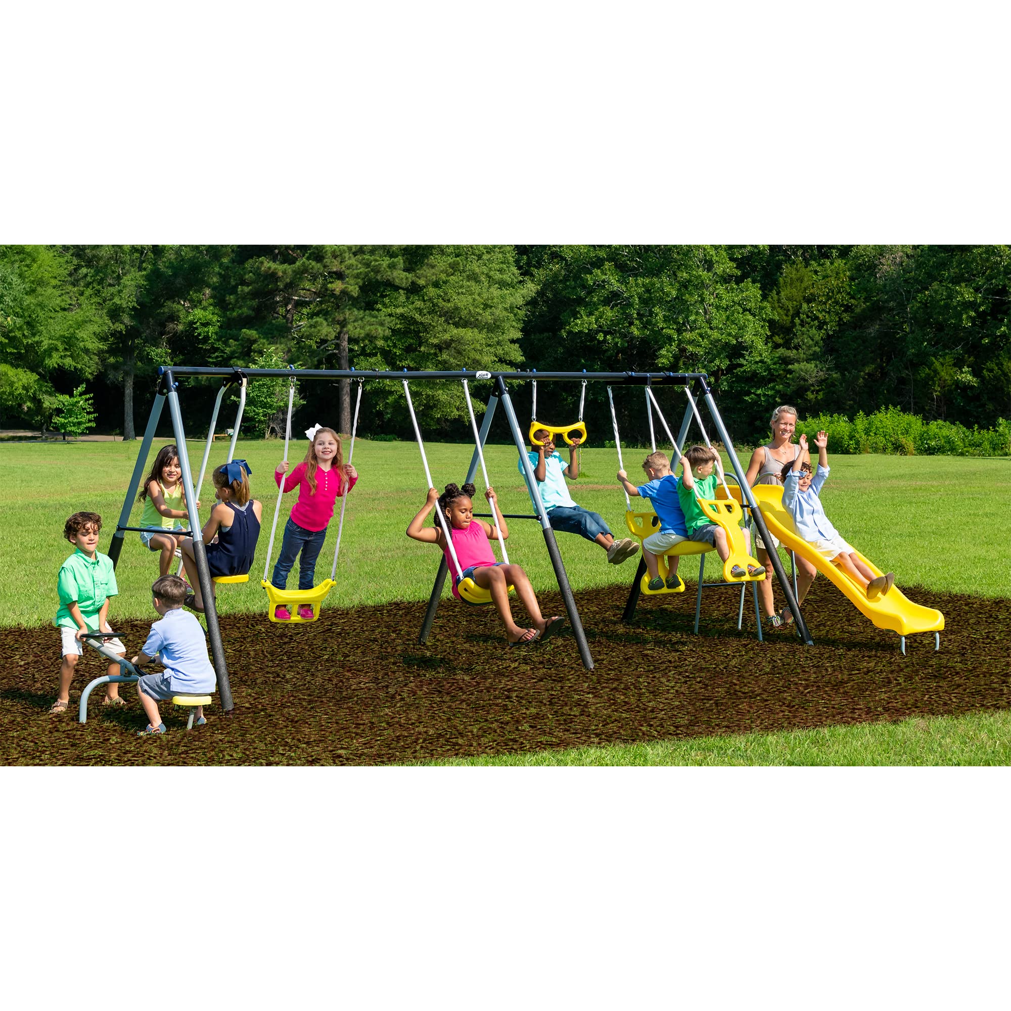 Xdp Recreation Rising Sun Playground Metal A Frame Kids Swing Set With Outdoor Backyard Playset With Slide, See Saw, Glider, And