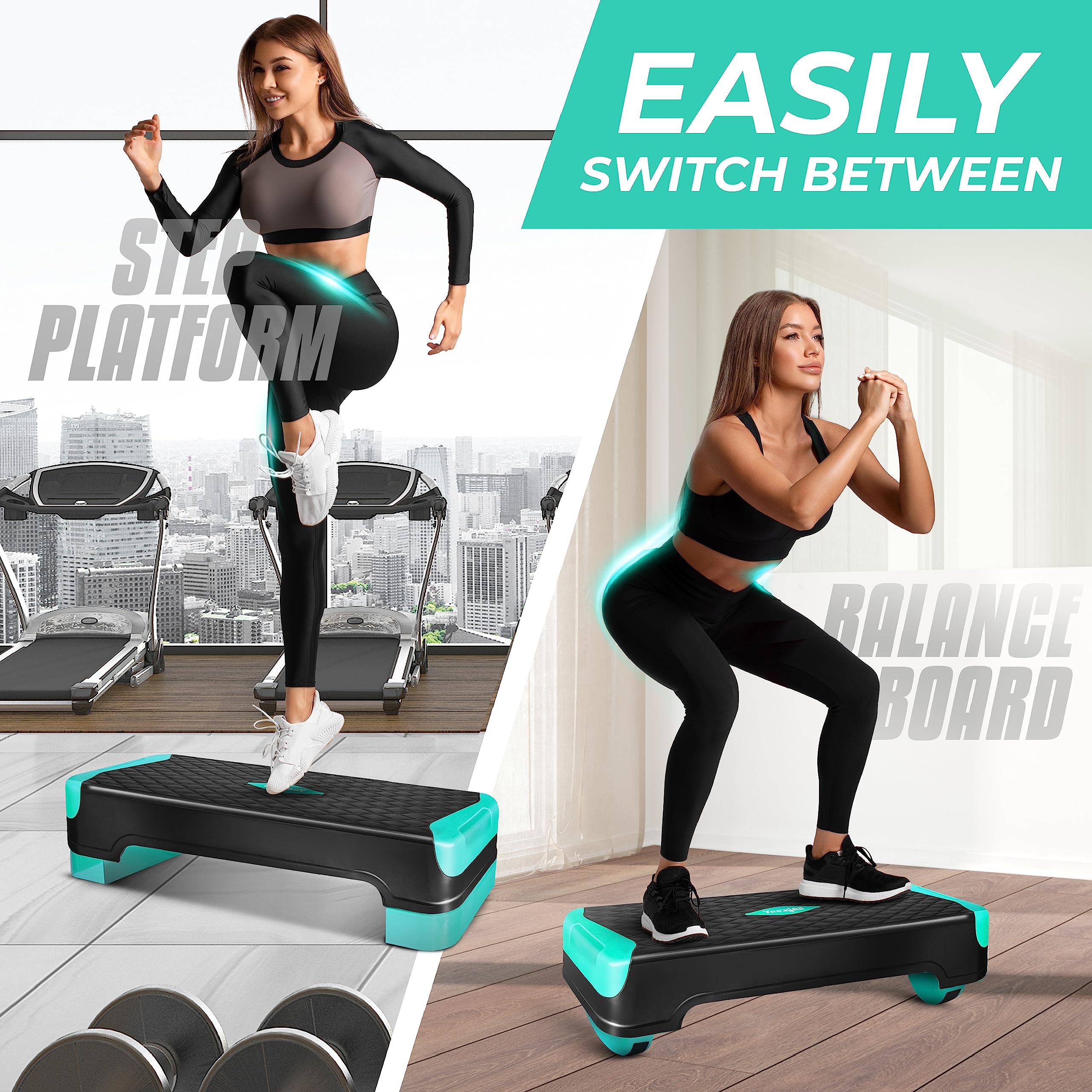 Yes4All 2-In-1 Adjustable Aerobic Stepper With Extra Rocker Balance Board Legs For Home Workout, Step Exercise & Balance Trainin