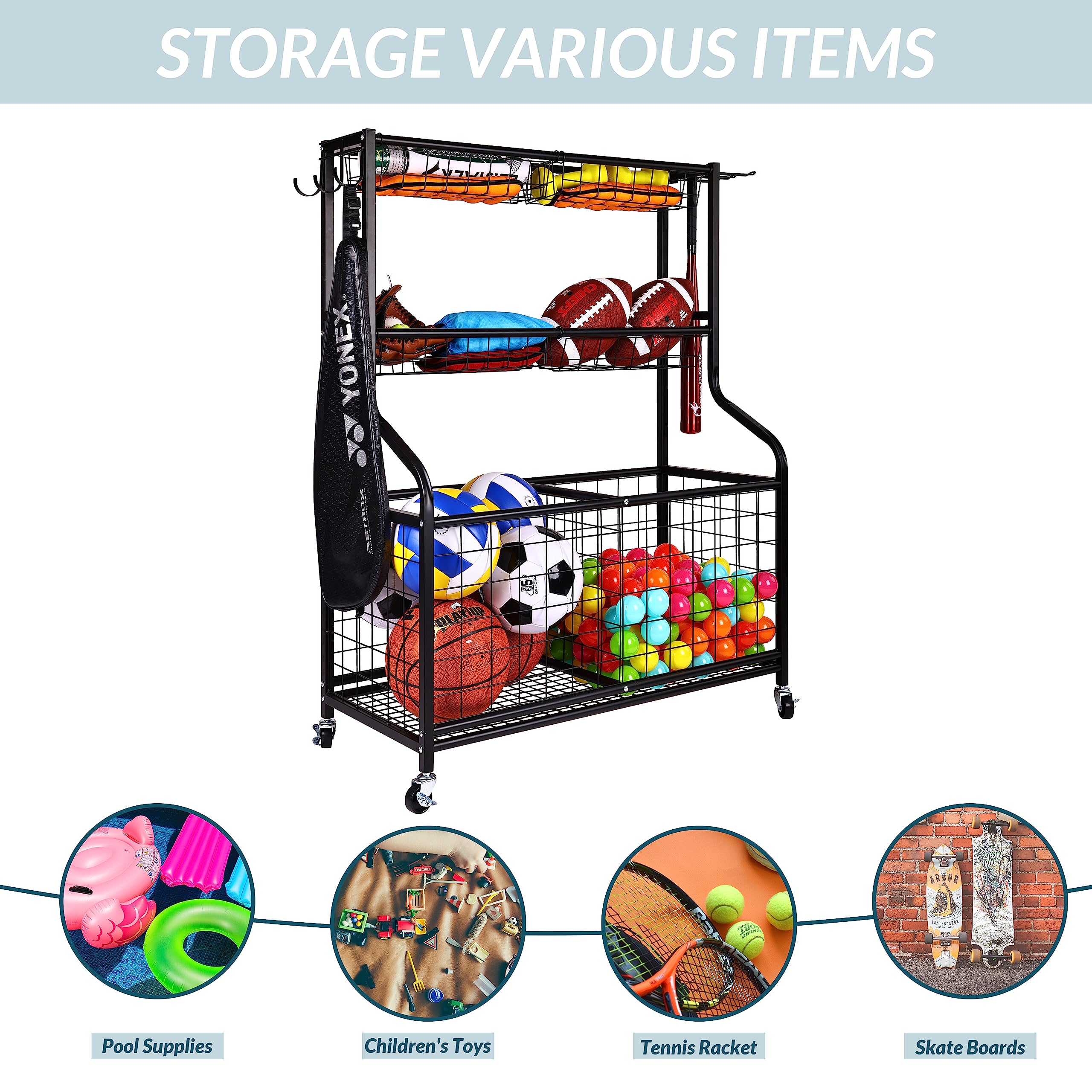 Fitvids Garage Sports Equipment Organizer, Garage Ball Storage, Sports Gear Storage, Garage Organizer With Baskets And Hooks, Ro