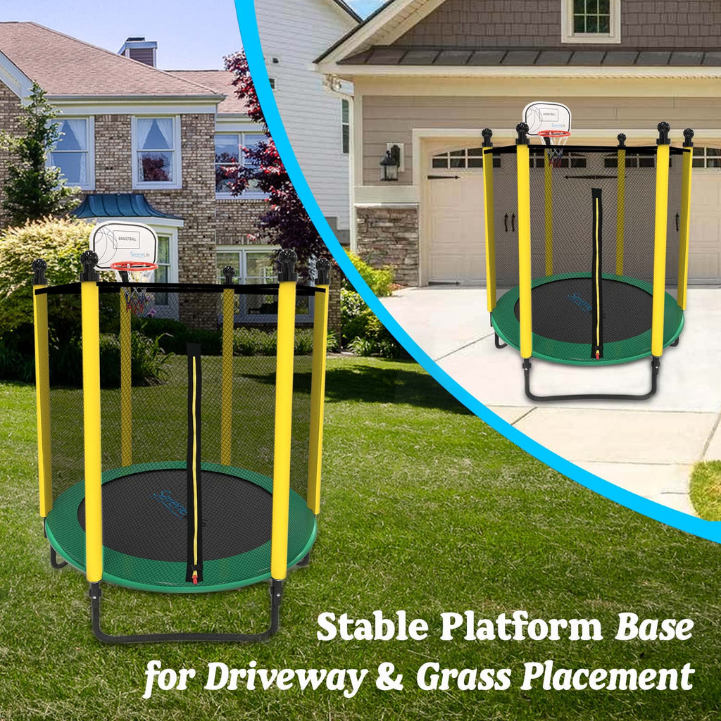 SereneLife 5FT Outdoor & Indoor Trampoline for Kids - Durable Mini Toddler Trampoline with Net Enclosure & Basketball Hoop - Sup