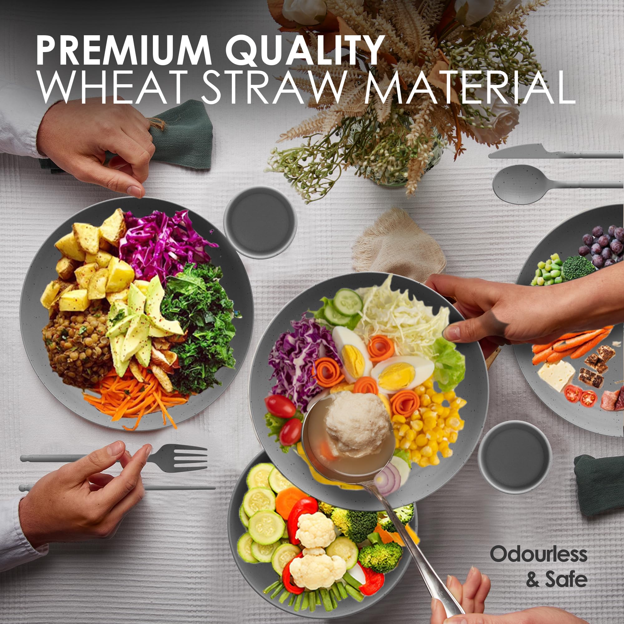 Dinethics Wheatstraw Dinnerware Set For 4 - Dishwasher Microwave Plates For Heating Food - Unbreakable Wheat Straw Plates And Bo