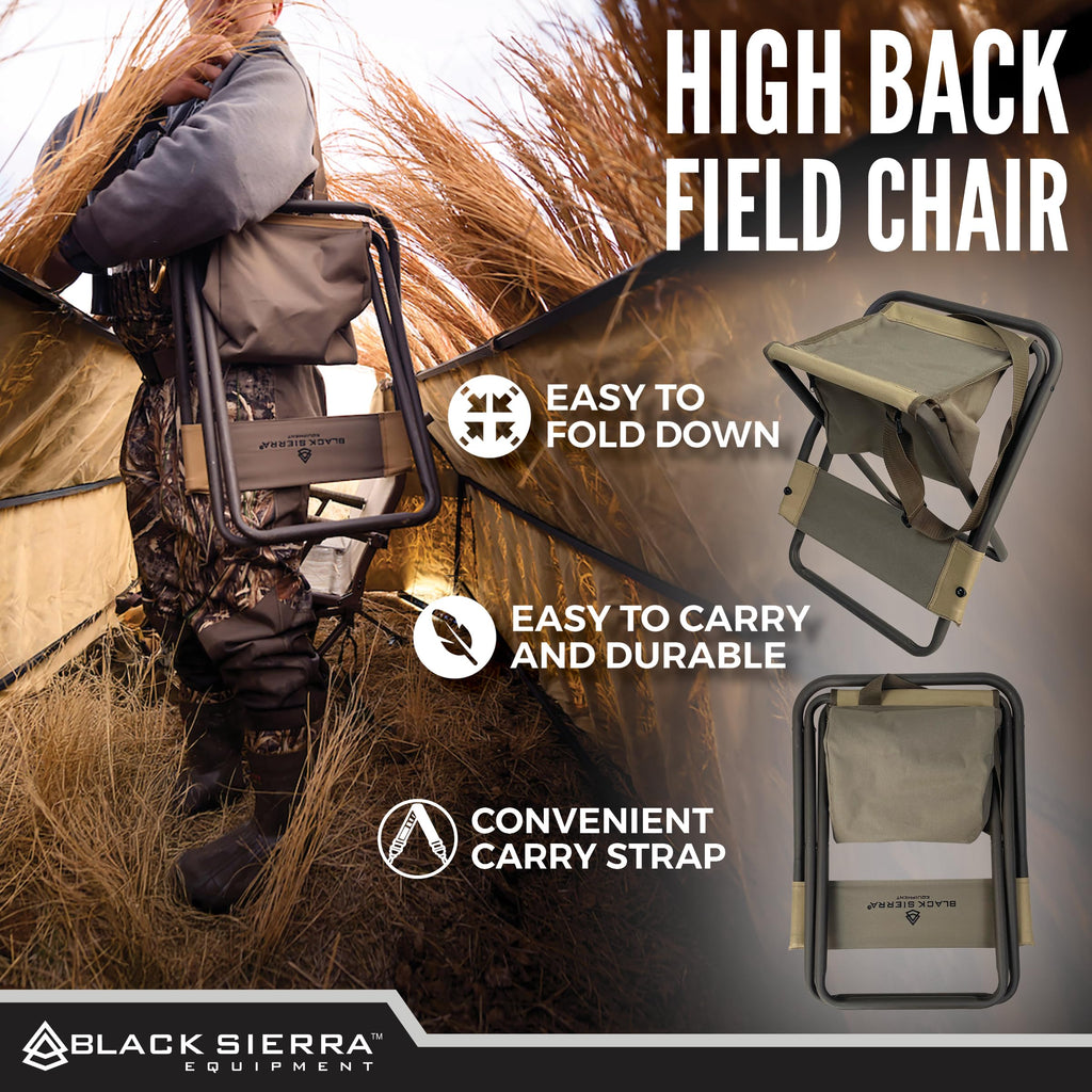 Black Sierra Folding Hunting Stool W/Under Seat Storage Pouch And Carry Strap, Lightweight Portable Hunt Chair W/Backrest, Heavy