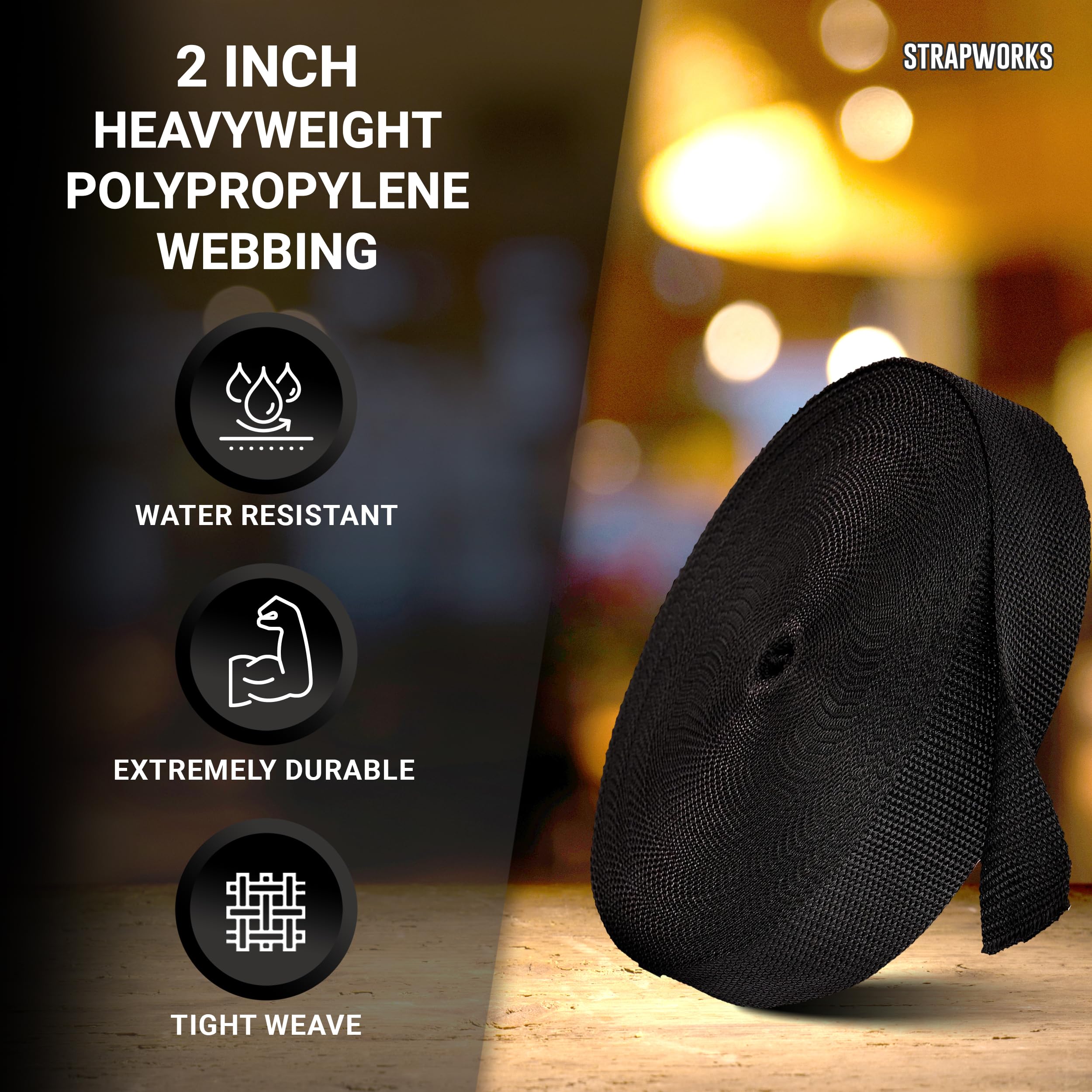 Strapworks Heavyweight Polypropylene Webbing - Heavy Duty Poly Strapping For Outdoor Diy Gear Repair, 2 Inch X 50 Yards - Black