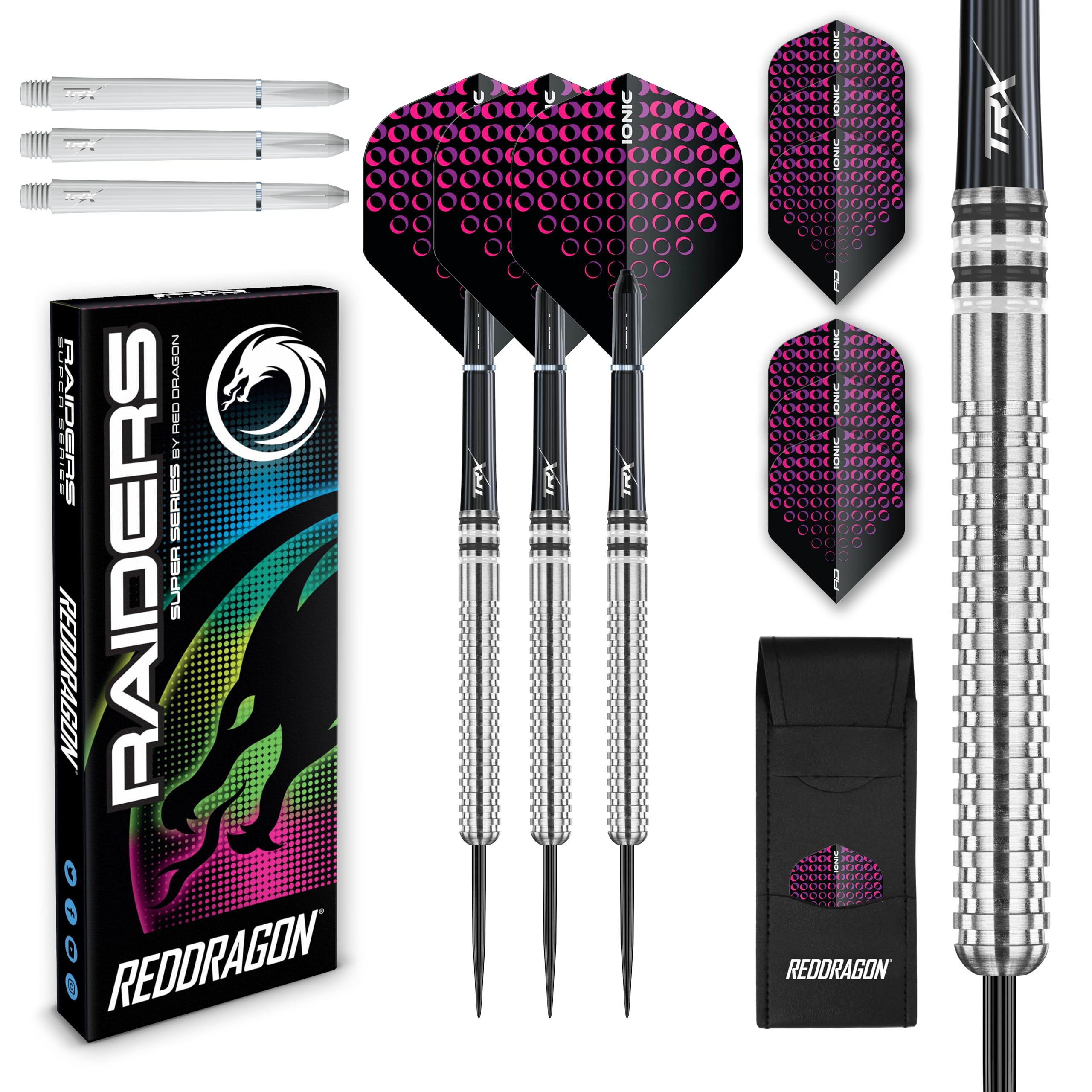 Raider 1: 23 Gram Steel Tip Tungsten Darts Set - Red Style Set of Professional Darts with Shafts (Stems), Flights and Checkout C