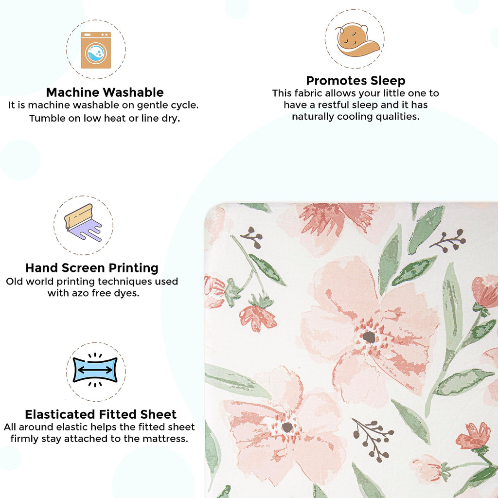 Crane Baby Soft Cotton Crib Mattress Sheet, Fitted Crib Sheet For Boys And Girls, Pink Floral, 28Aw X 52Ah X 9Ad