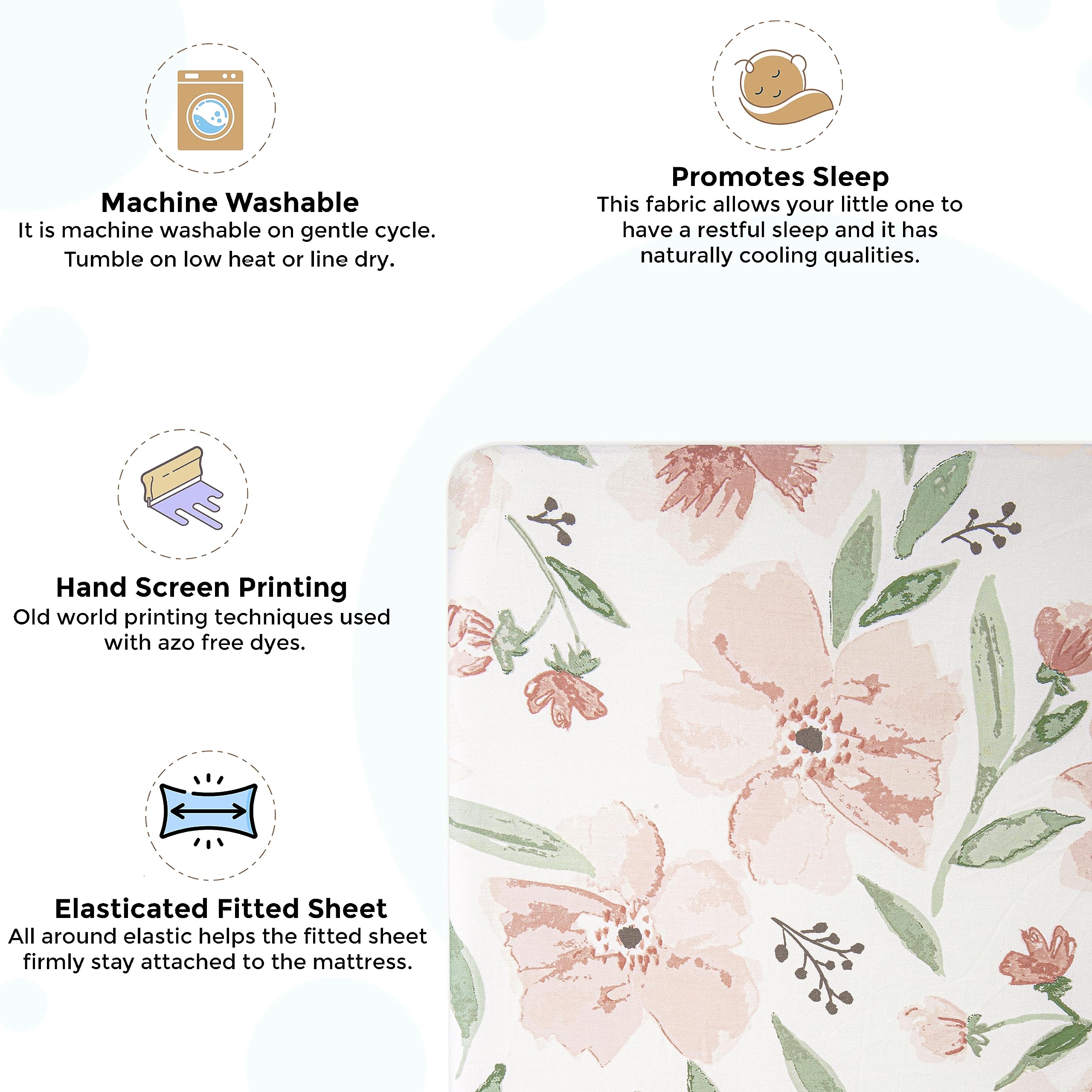 Crane Baby Soft Cotton Crib Mattress Sheet, Fitted Crib Sheet For Boys And Girls, Pink Floral, 28Aw X 52Ah X 9Ad