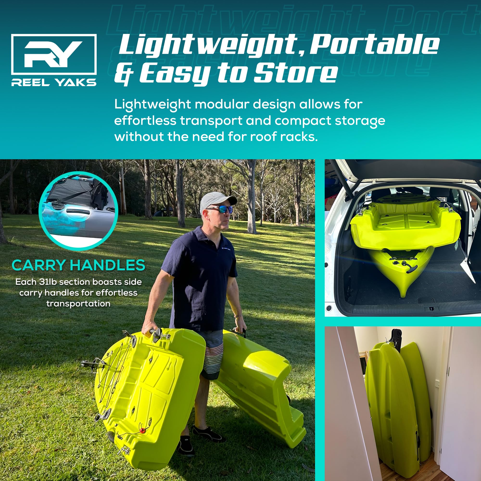 Reel Yaks Raptor Modular Fishing Kayak - 9.5Ft Lightweight Propeller Drive, Sit On Top Kayak For Adults & Youth - Stable & Porta