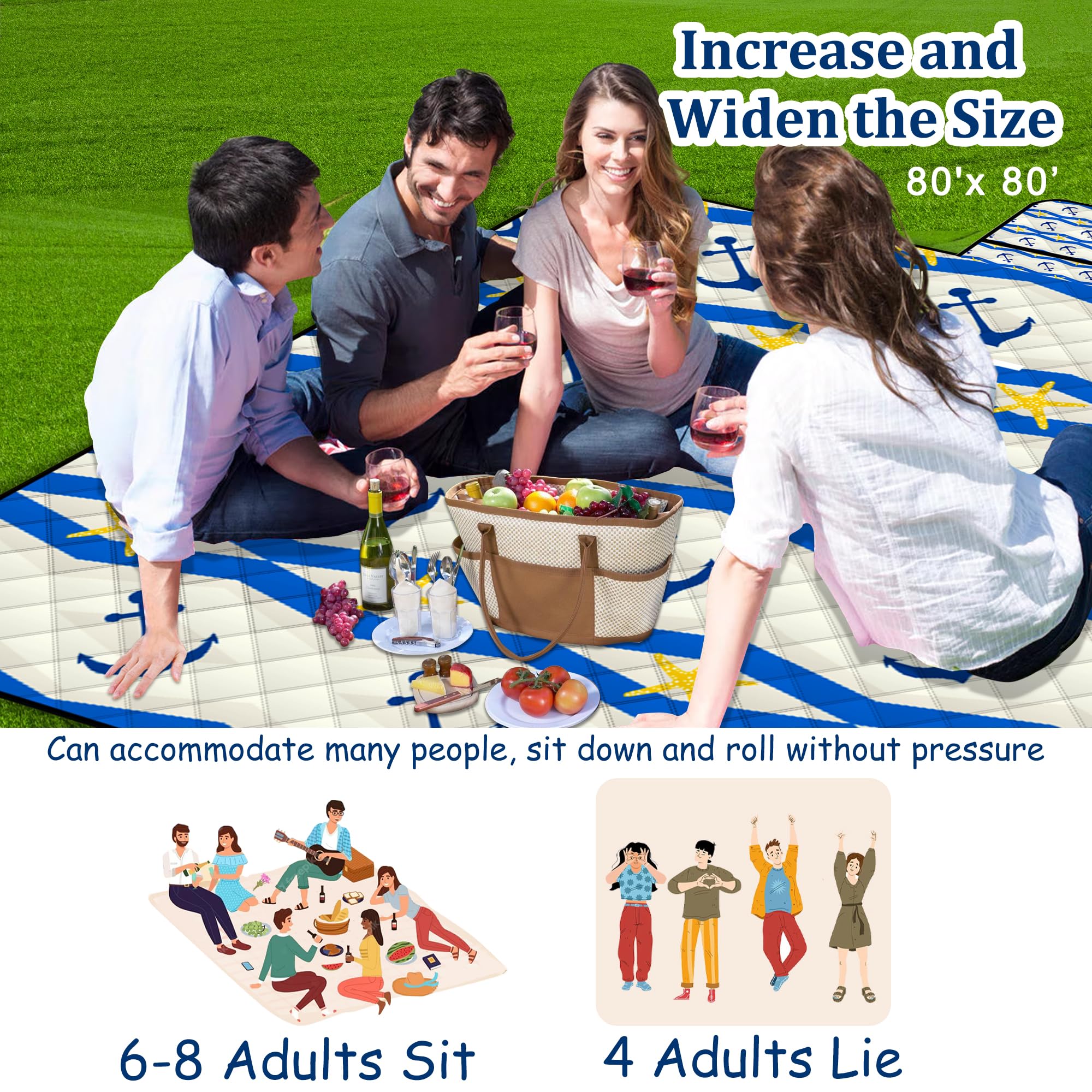 Poedist Extra Large Picnic Blanket Waterproof,80X 80Foldable Machine Washable Beach Blanket,Outdoor Blanket For 6-8 Adults,Suita