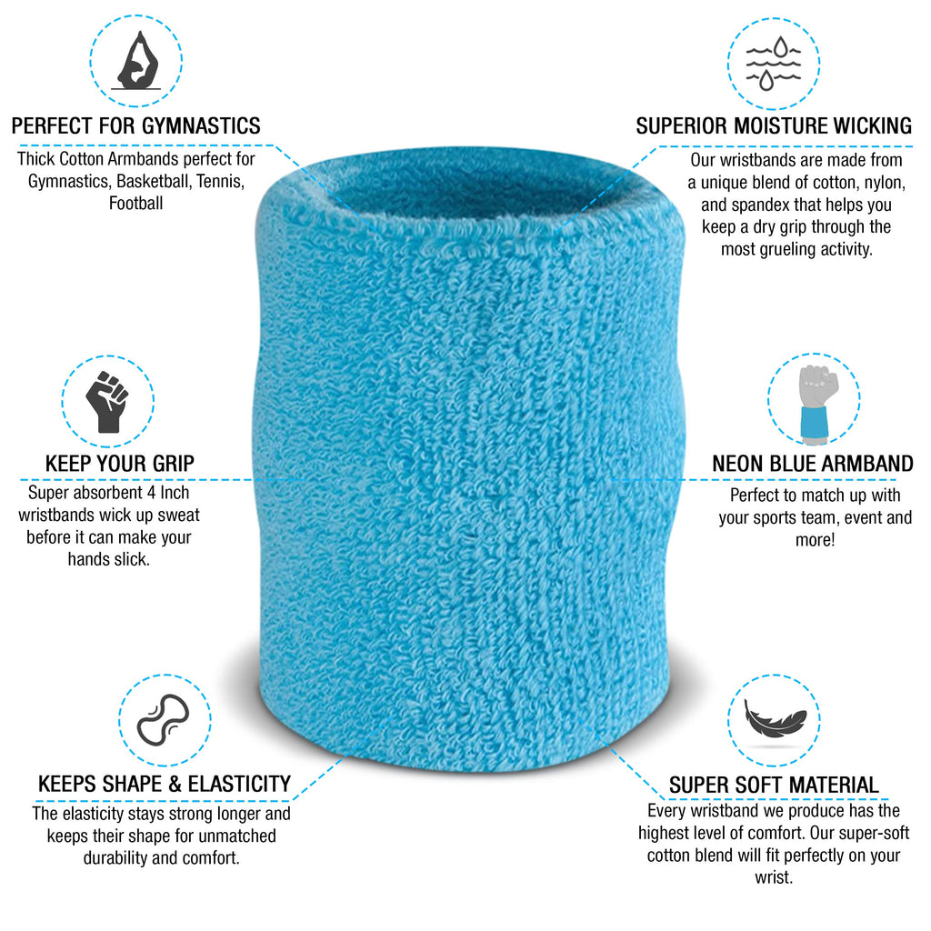 Suddora 4 Inch Arm Sweatbands - Thick Cotton Armbands For Gymnastics, Basketball, Tennis, Football (Neon Blue)