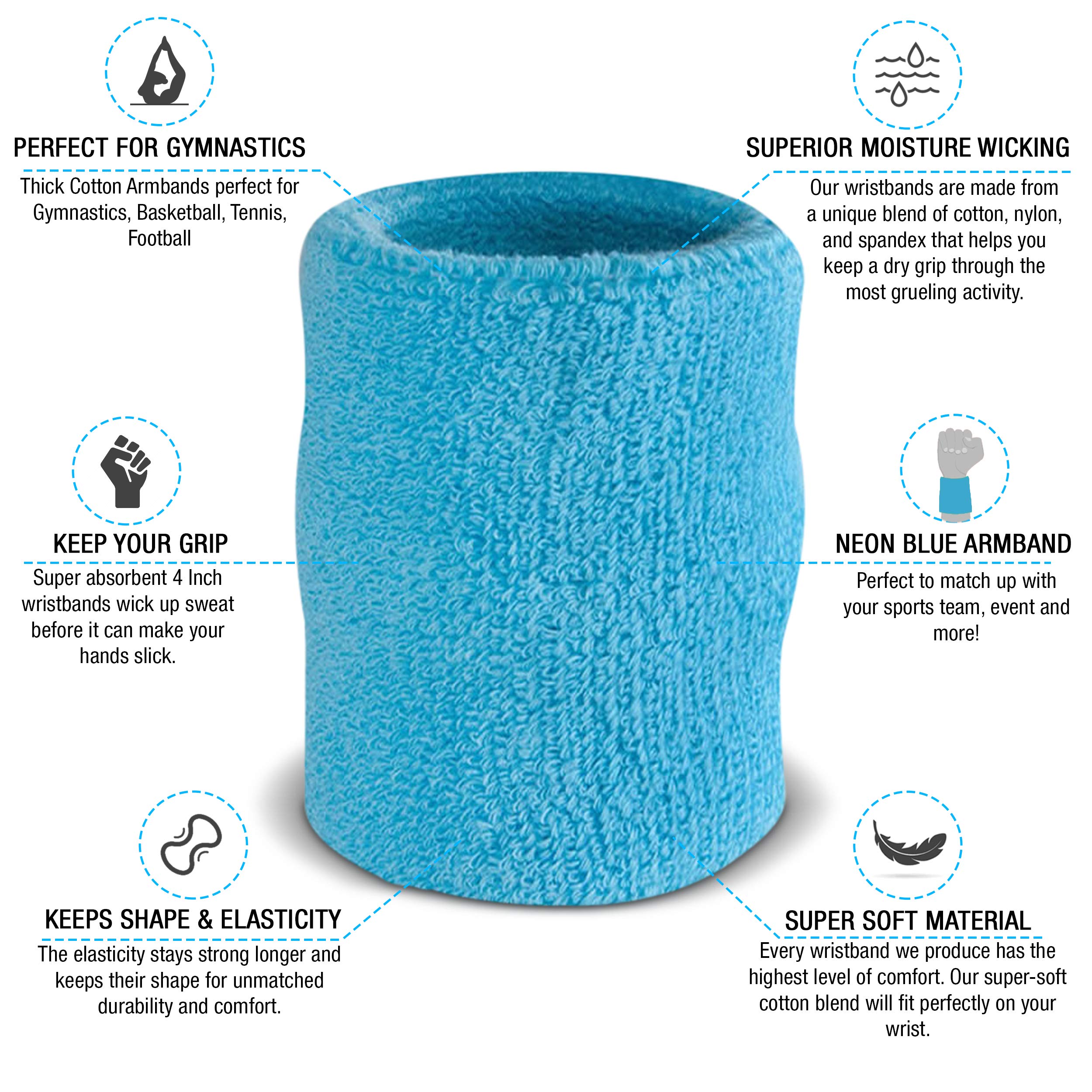 Suddora 4 Inch Arm Sweatbands - Thick Cotton Armbands For Gymnastics, Basketball, Tennis, Football (Neon Blue)