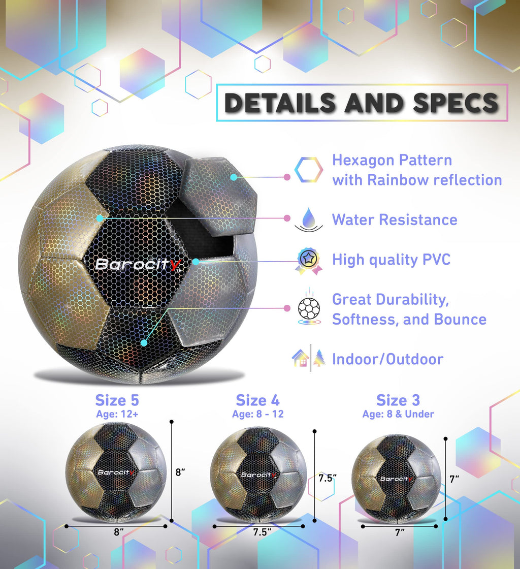 Barocity Mix Silver, Black, & Gold Size 5 Soccer Ball - Boy And Girl Official Match Ball With Reflective Rainbow Hex Pattern, Fo