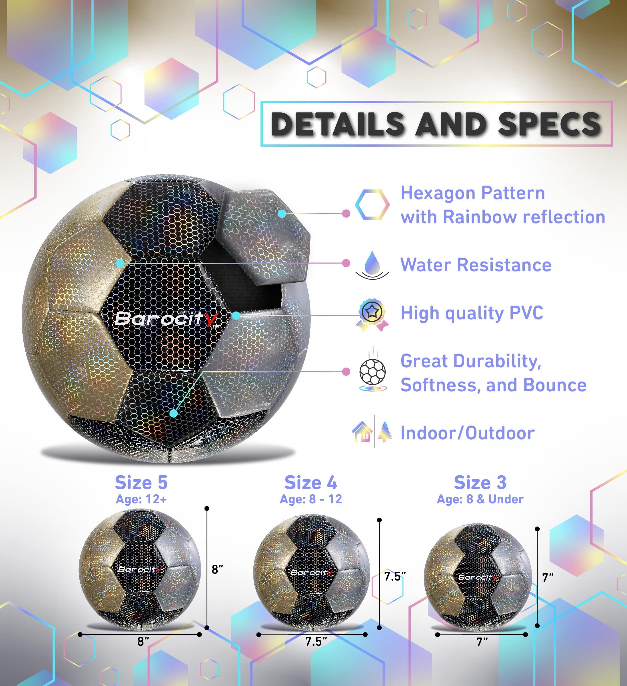 Barocity Mix Silver, Black, & Gold Size 5 Soccer Ball - Boy And Girl Official Match Ball With Reflective Rainbow Hex Pattern, Fo