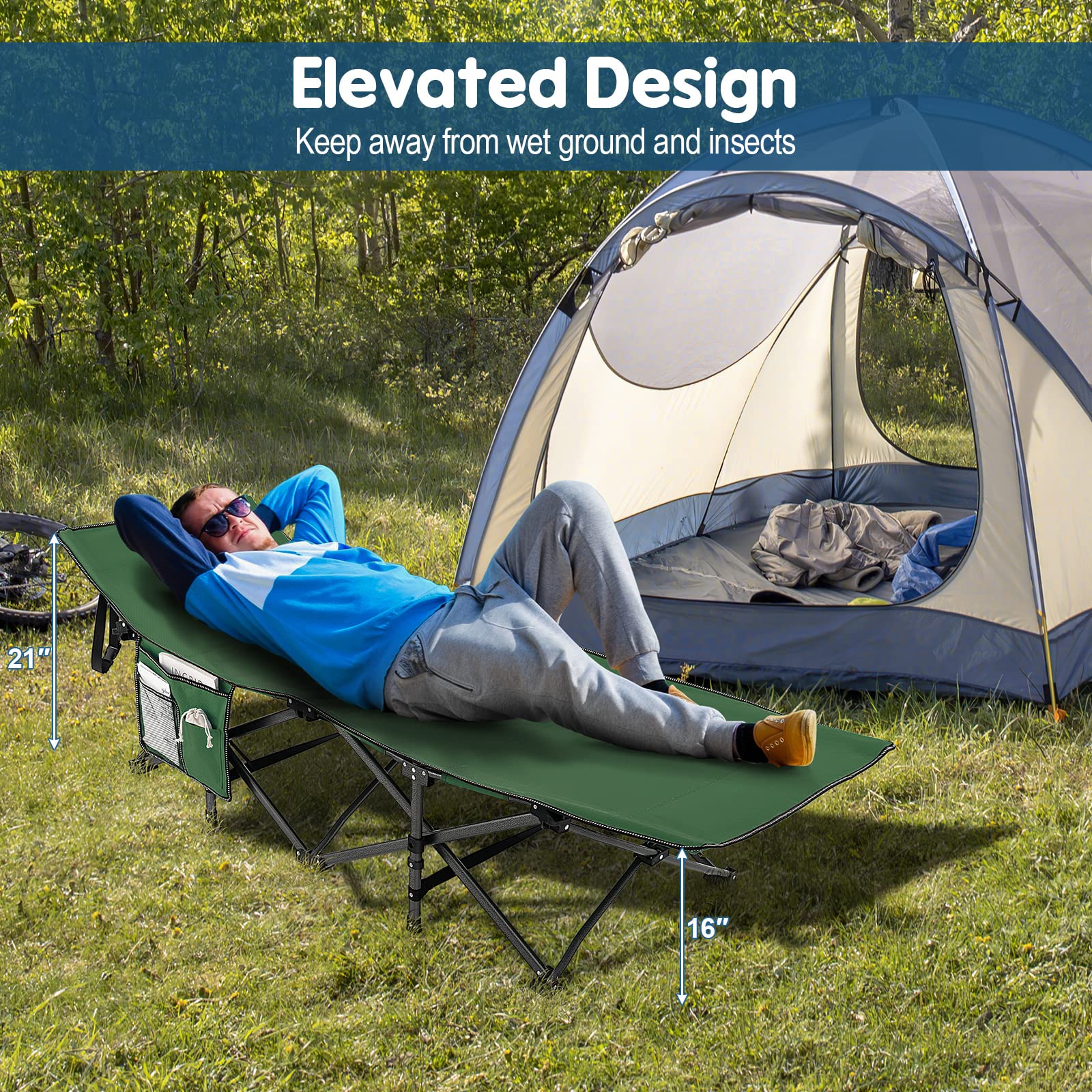 Goplus Folding Camping Cot, 27.5'' Sleeping Cot For Adults With Carry Bag, 600Lbs Weight Capacity, Slanted Head, Side Pocket, He