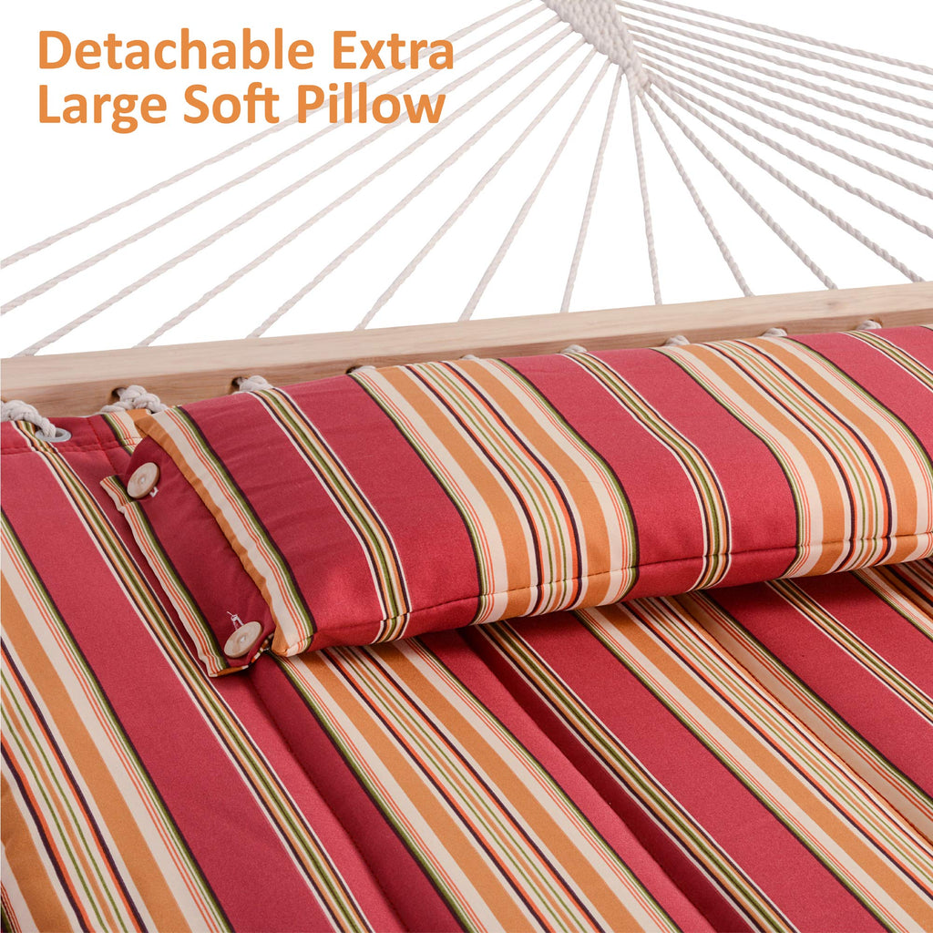 Suncreat Outdoor Hammock With Stand, Two Person Quilted Fabric Hammock Swing With 12Ft Steel Stand, Red Stripes