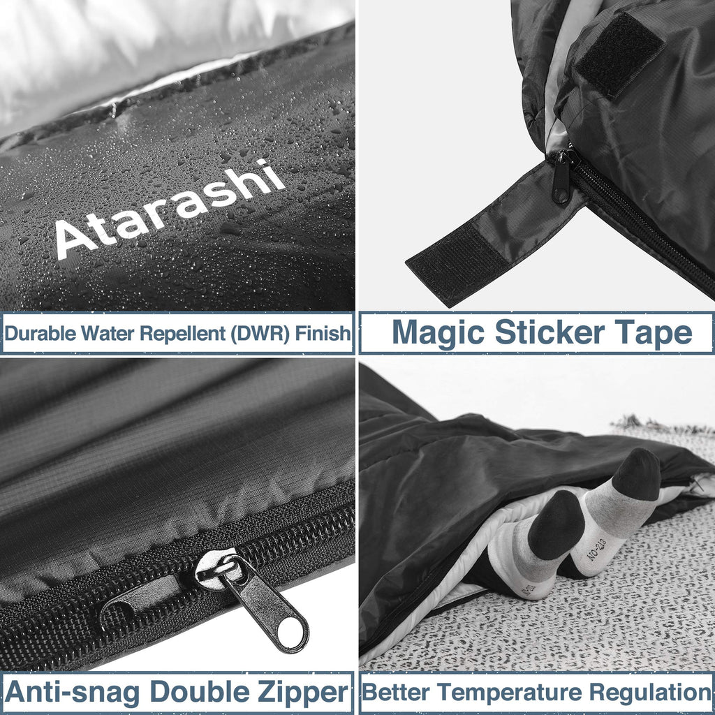Atarashi Wide Size Camping Sleeping Bag- 4 Seasons For Adults, Light, Warm, Extra-Large With Compression Sack- Great For Hiking,