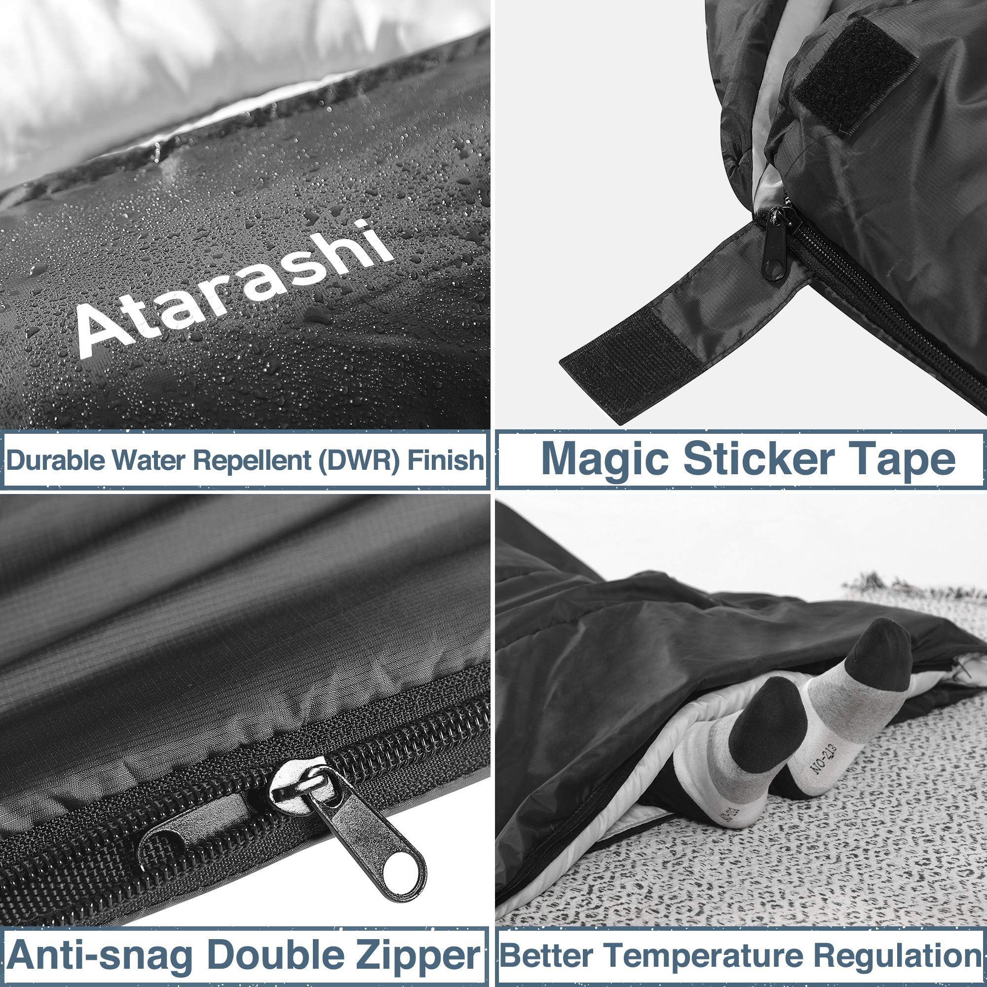 Atarashi Wide Size Camping Sleeping Bag- 4 Seasons For Adults, Light, Warm, Extra-Large With Compression Sack- Great For Hiking,