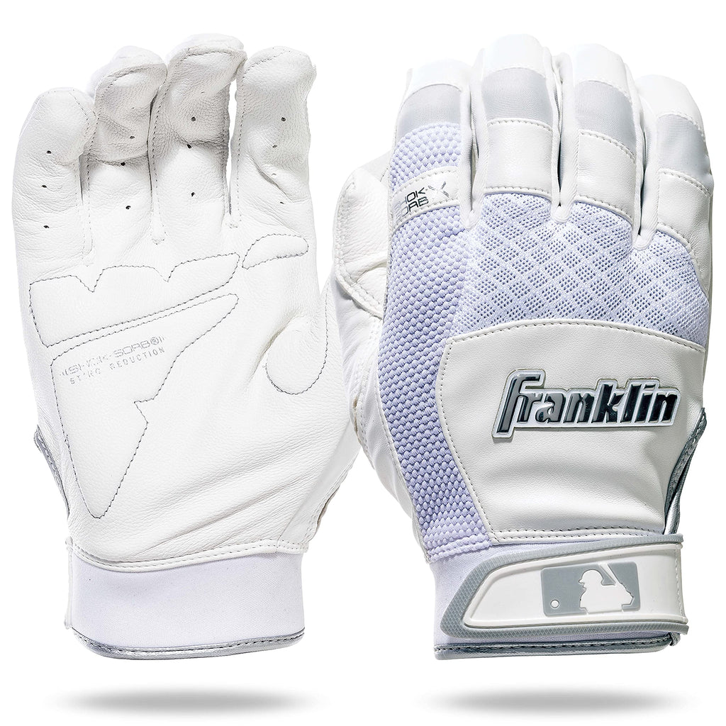 Franklin Sports Youth Mlb Shok-Sorb X Batting Gloves, Youth Small, Pair, White/Chrome