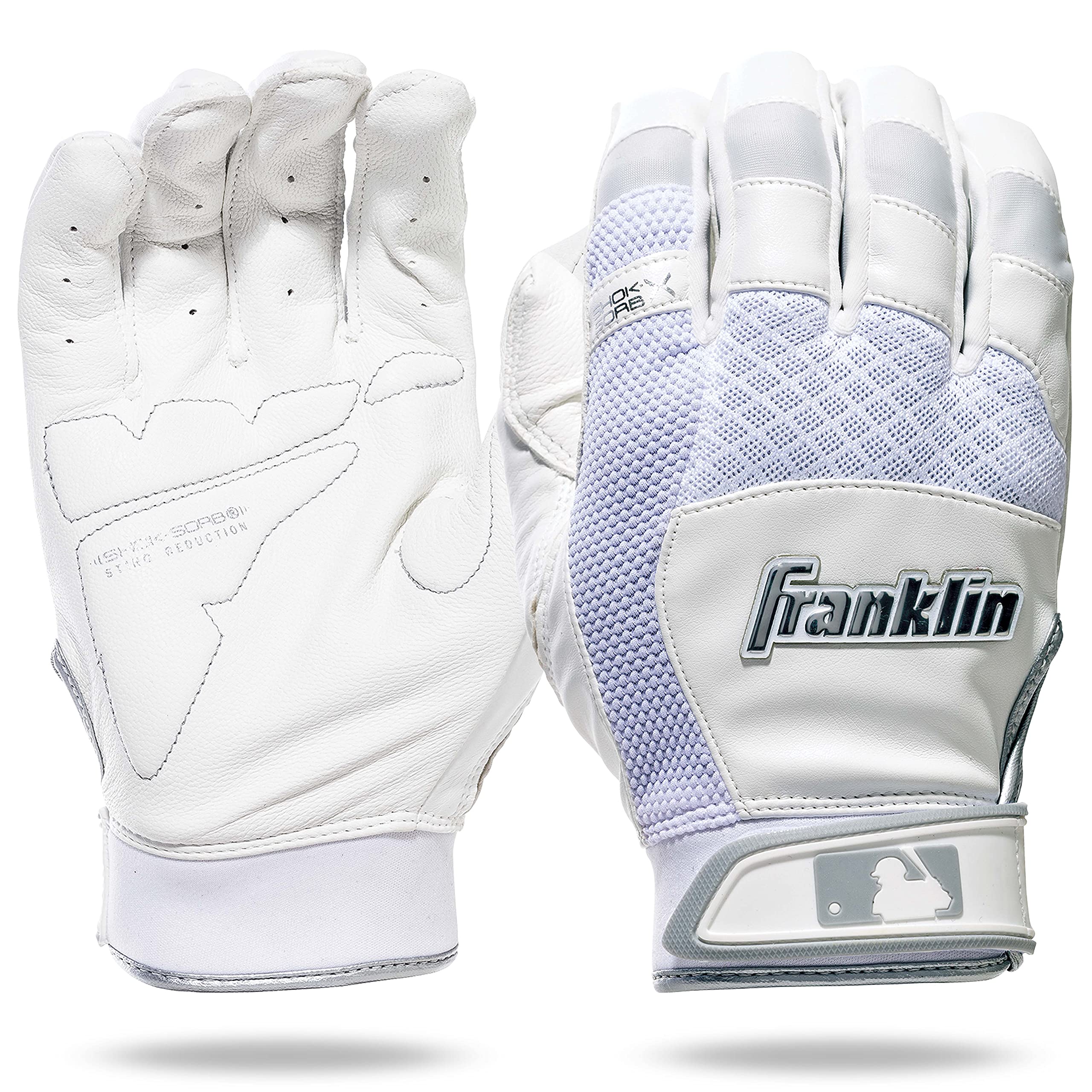 Franklin Sports Youth Mlb Shok-Sorb X Batting Gloves, Youth Small, Pair, White/Chrome