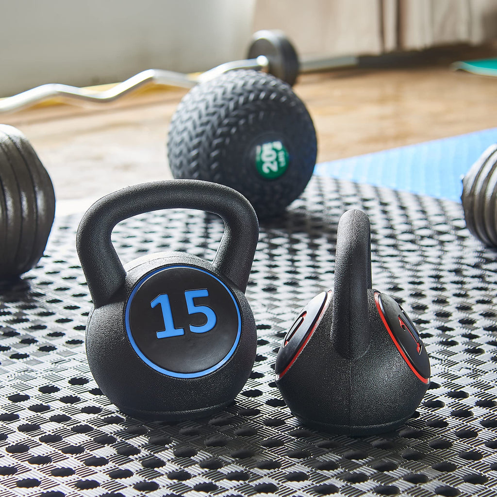 Sporzon! Wide Grip Kettlebell Exercise Fitness Weight, Set Of 3, Includes 5 Lbs, 10 Lbs, 15 Lbs, Multicolor