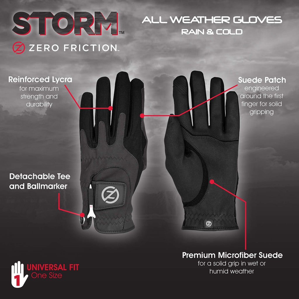 Zero Friction Mens Storm All Weather Golf Gloves, One Size, Black, Pair