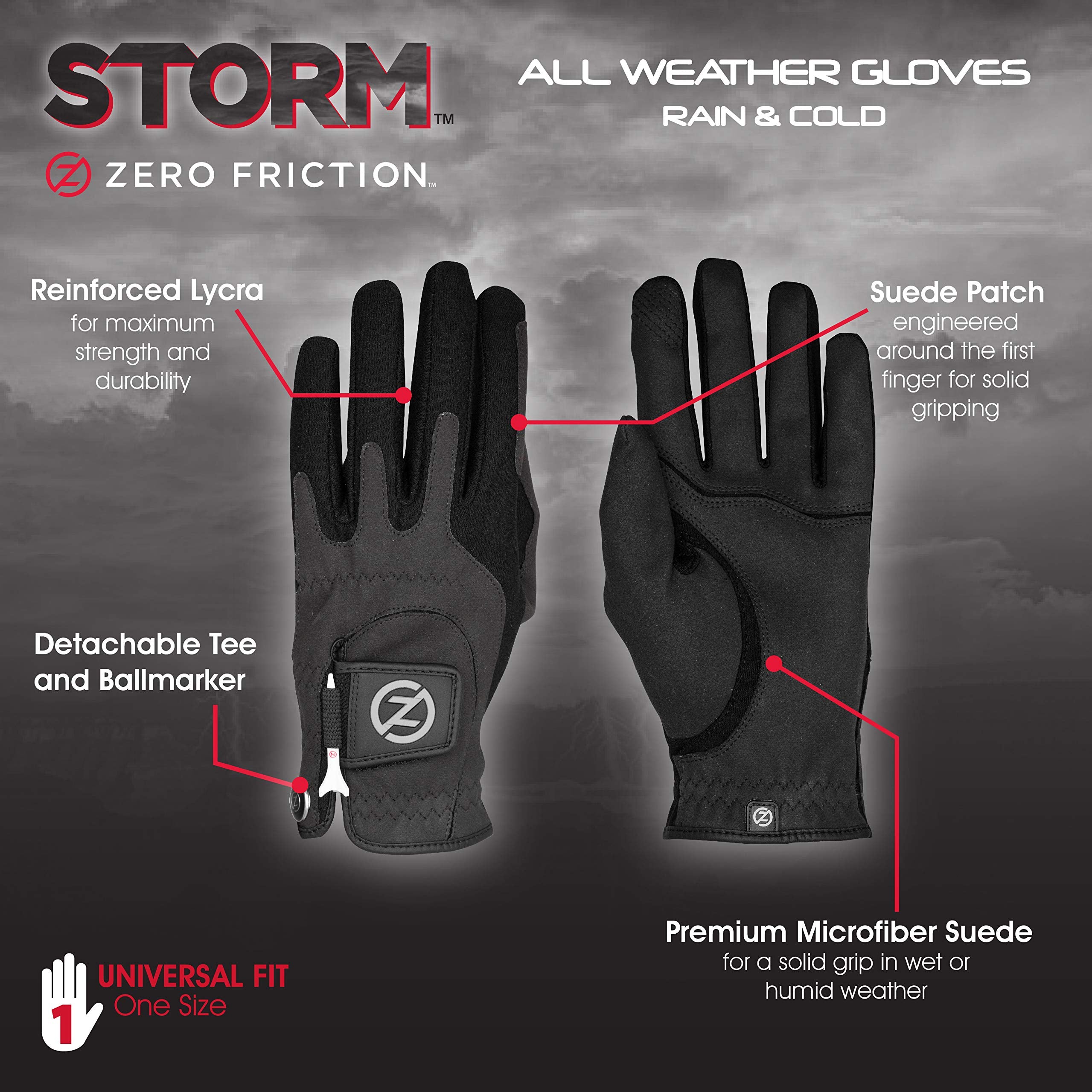 Zero Friction Mens Storm All Weather Golf Gloves, One Size, Black, Pair