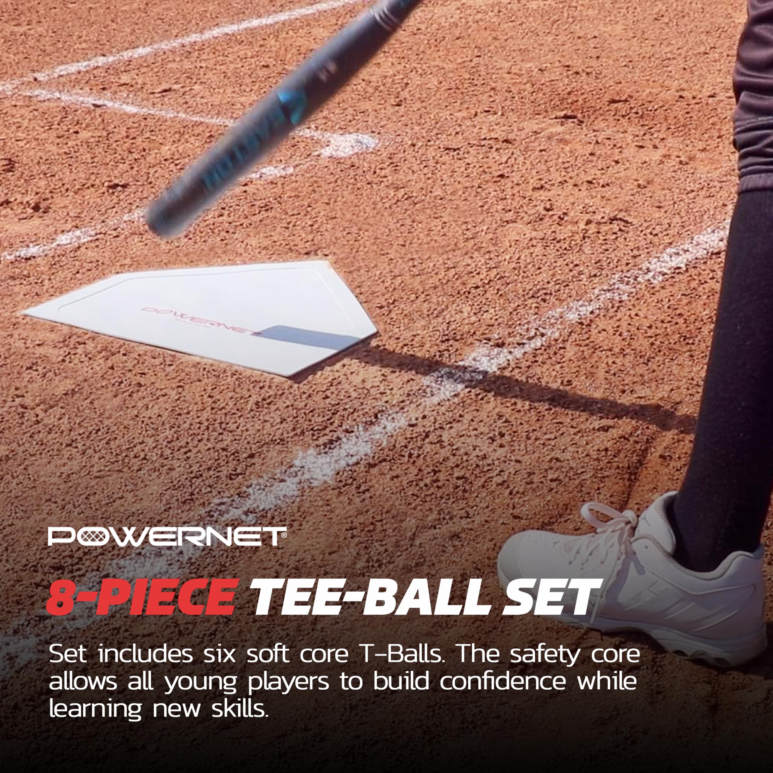 Powernet Baseball T-Ball Coaching Bundle 8 Piece Tee-Ball Set Includes 6 Soft Core Baseballs, Adjustable Tee, 5 Throw Down Bases