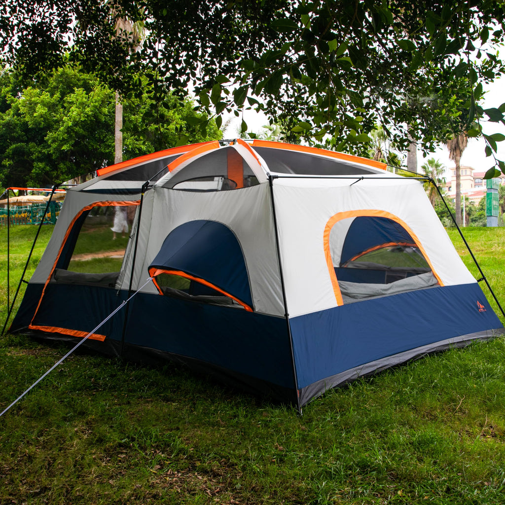 Ktt Extra Large Tent 12 Person,2 Bay-Windows,Family Cabin Tents,14'Lx10'Wx6.58'H,2 Rooms And 3 Doors 3 Windows With Mesh,Waterpr