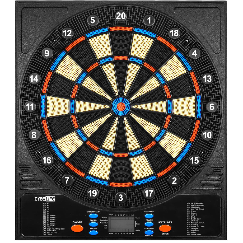 Cyeelife Electronic Dartboard&12 Soft Darts,8 Players&34 Games&255 Variations,Battery/Adapter/3 Languages Switching For Professi