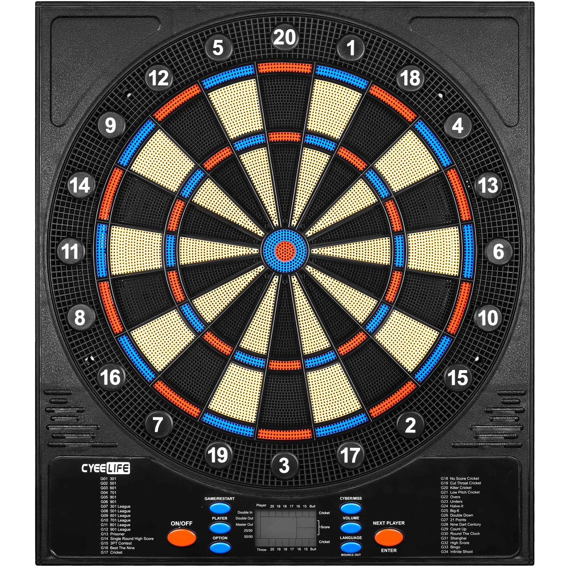 Cyeelife Electronic Dartboard&12 Soft Darts,8 Players&34 Games&255 Variations,Battery/Adapter/3 Languages Switching For Professi